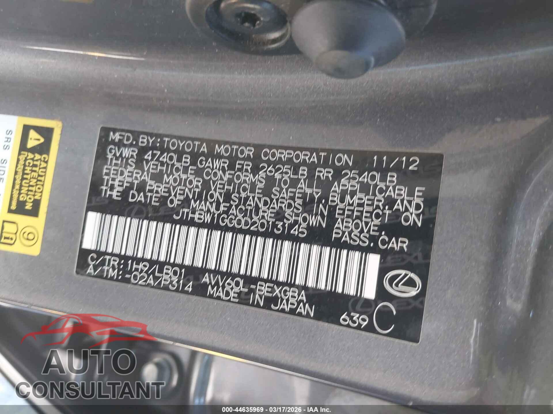 LEXUS ES 300H 2013 - JTHBW1GG0D2013145