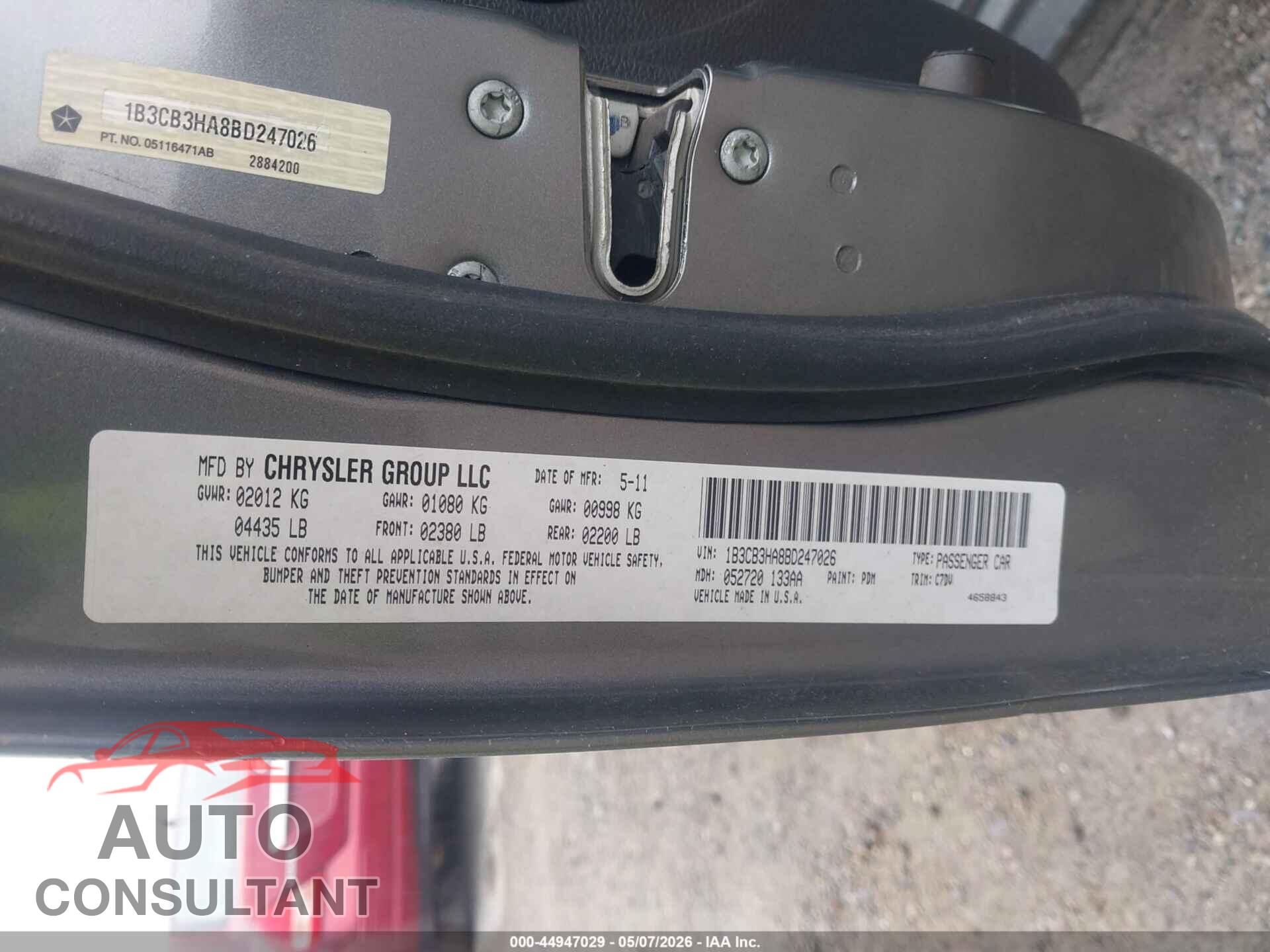 DODGE CALIBER 2011 - 1B3CB3HA8BD247026
