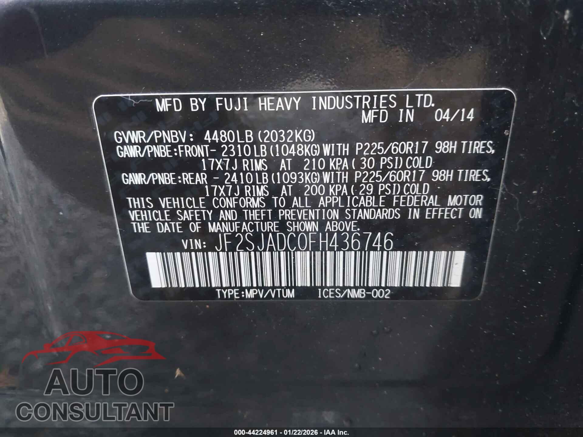 SUBARU FORESTER 2015 - JF2SJADC0FH436746