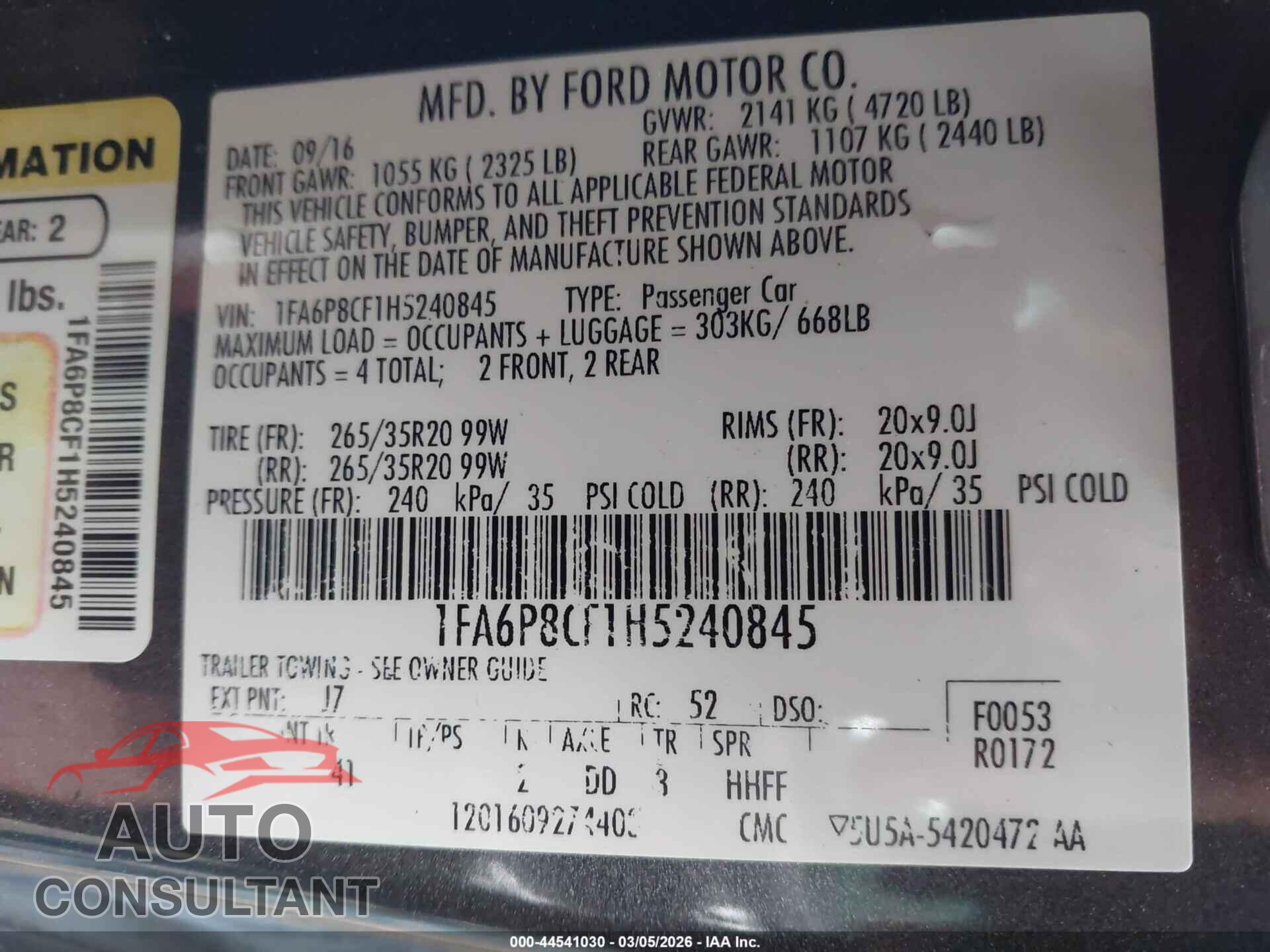 FORD MUSTANG 2017 - 1FA6P8CF1H5240845