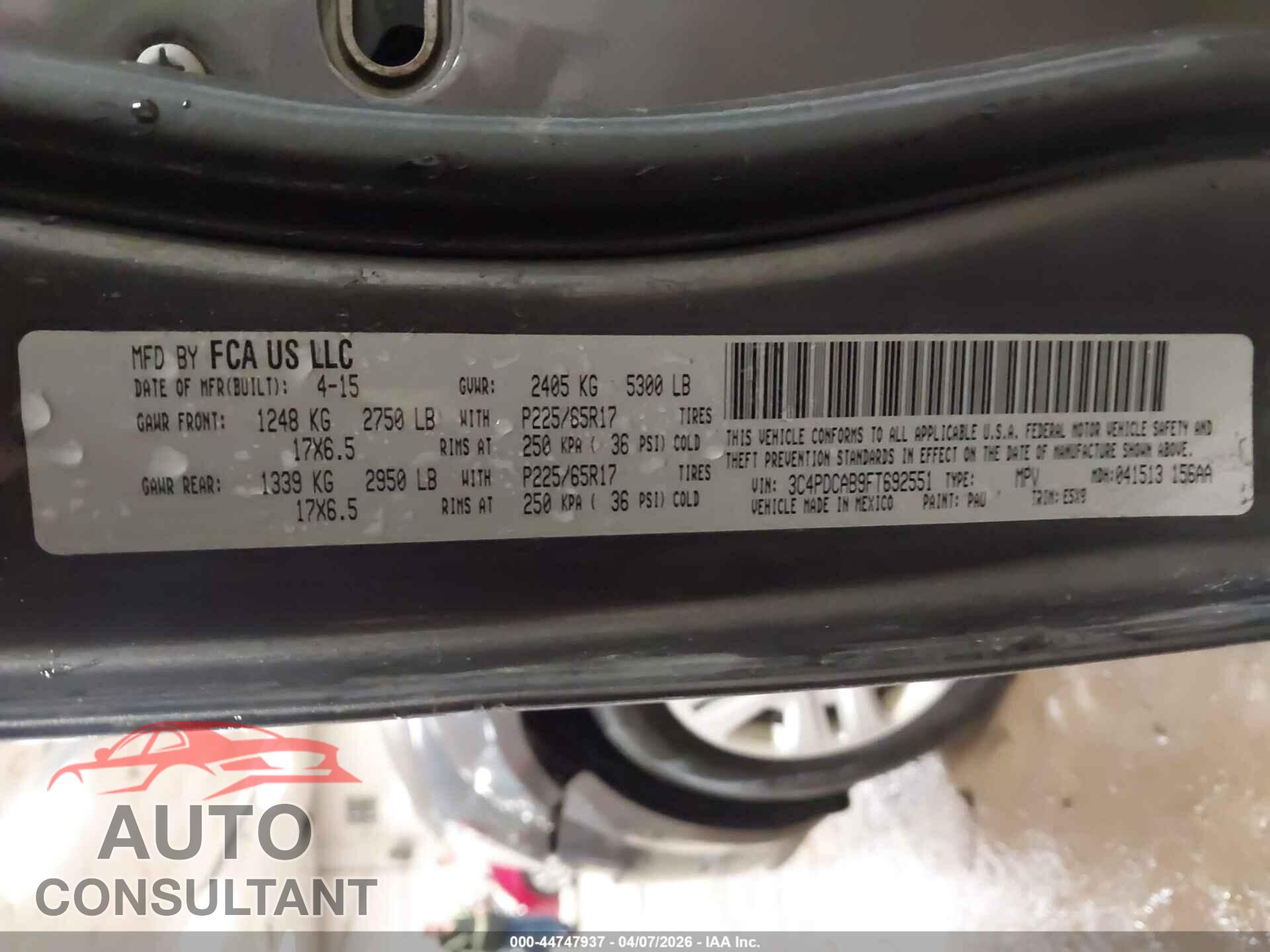 DODGE JOURNEY 2015 - 3C4PDCAB9FT692551