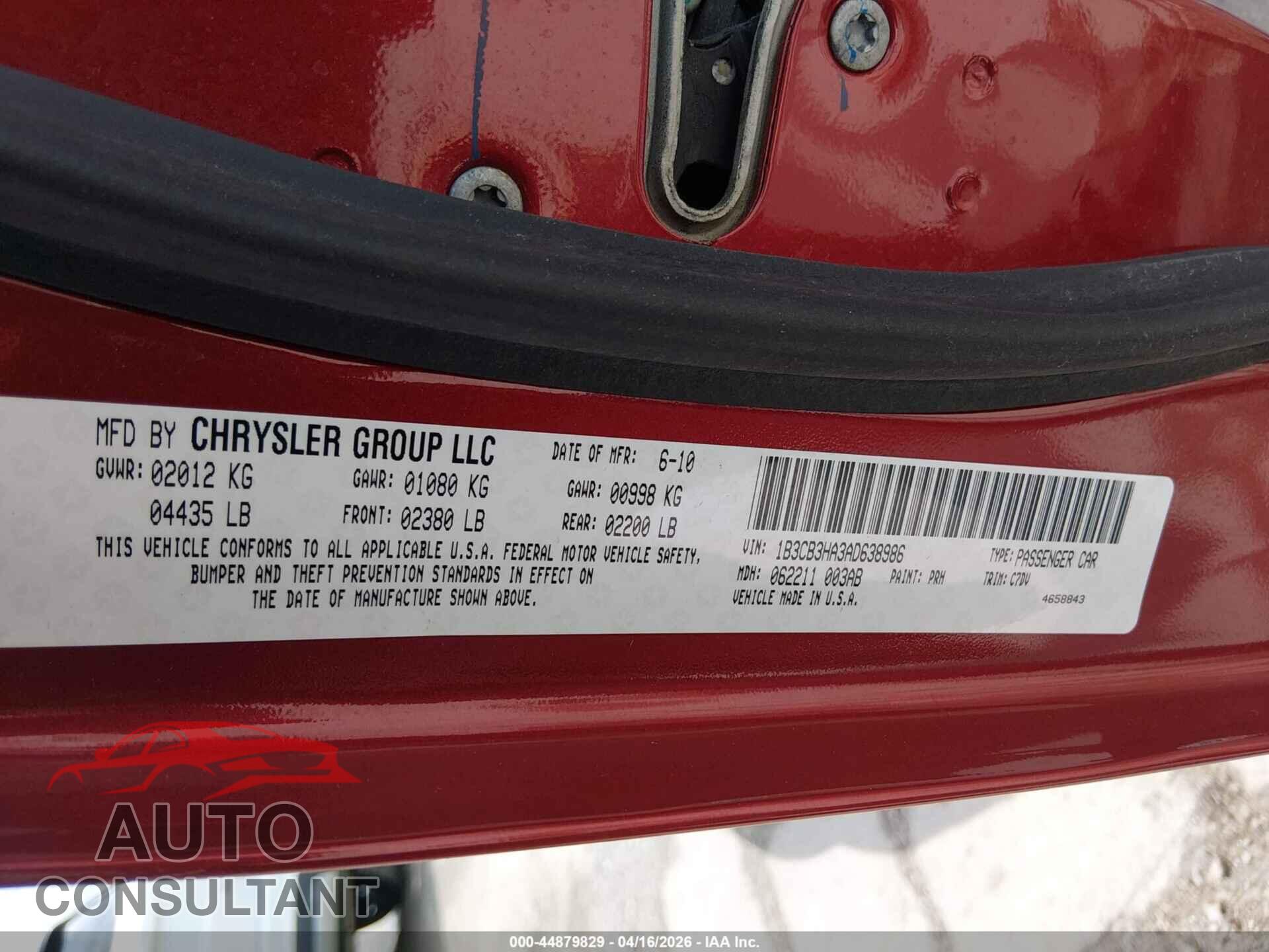 DODGE CALIBER 2010 - 1B3CB3HA3AD638986