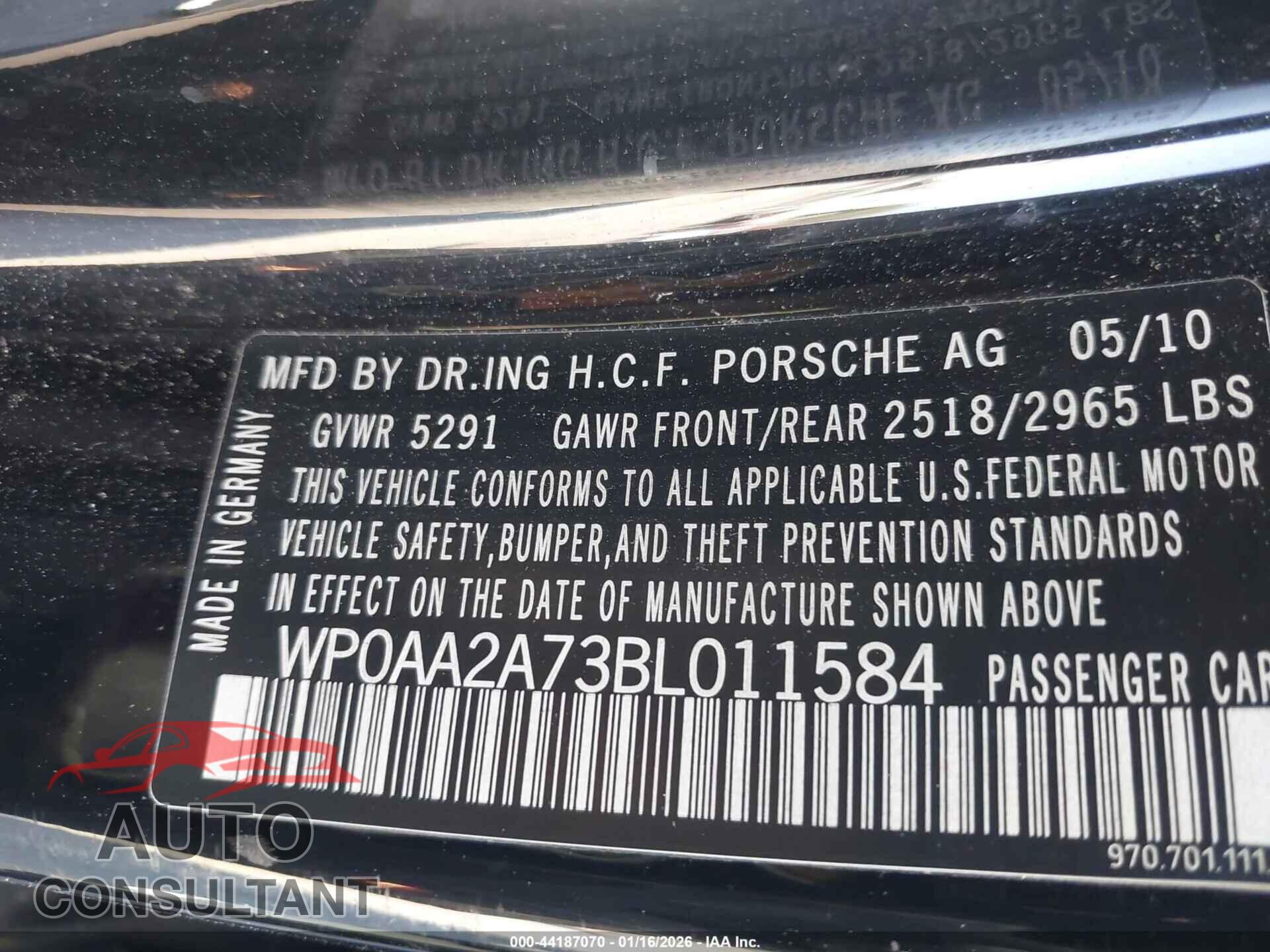 PORSCHE PANAMERA 2011 - WP0AA2A73BL011584