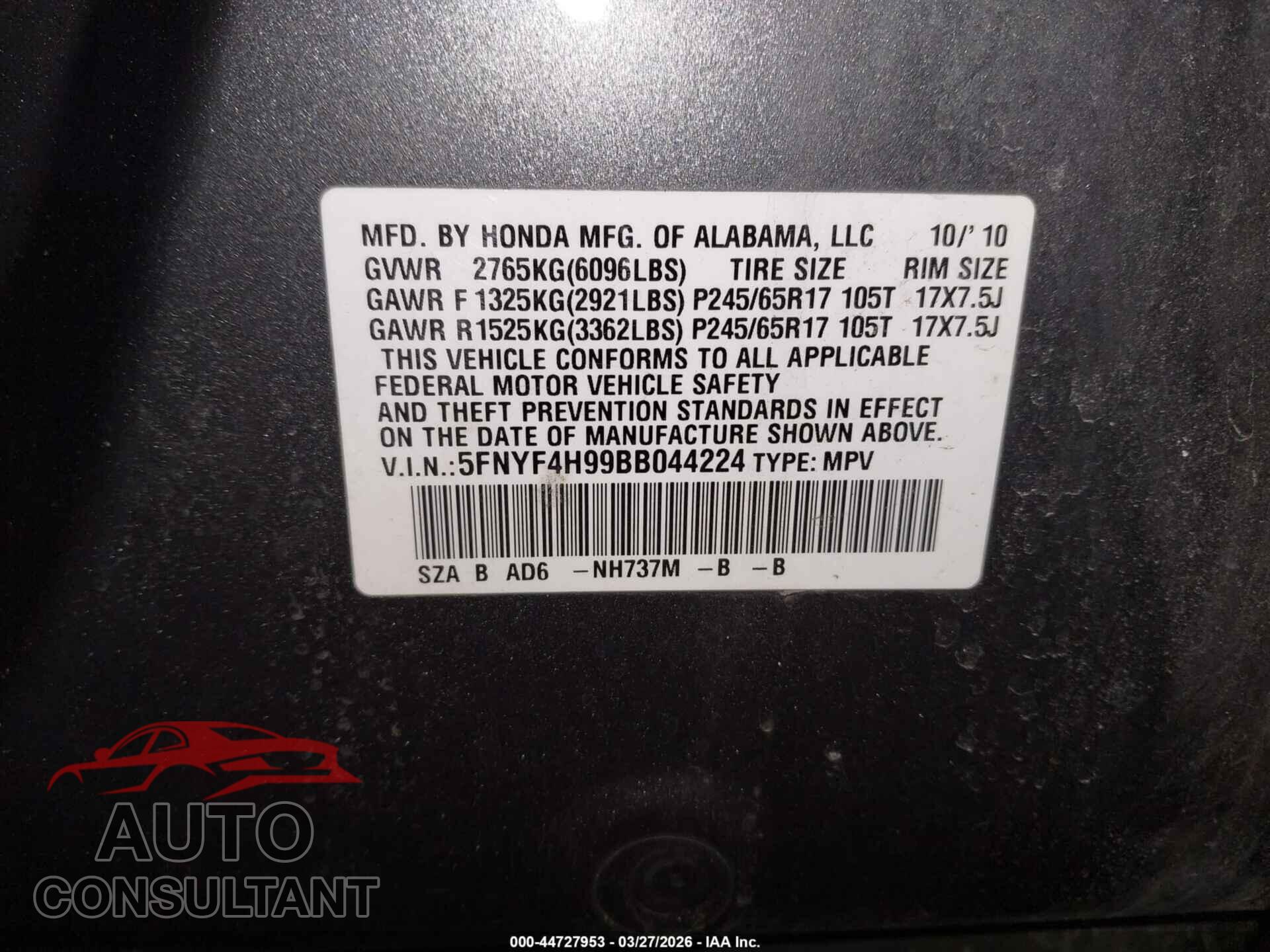 HONDA PILOT 2011 - 5FNYF4H99BB044224