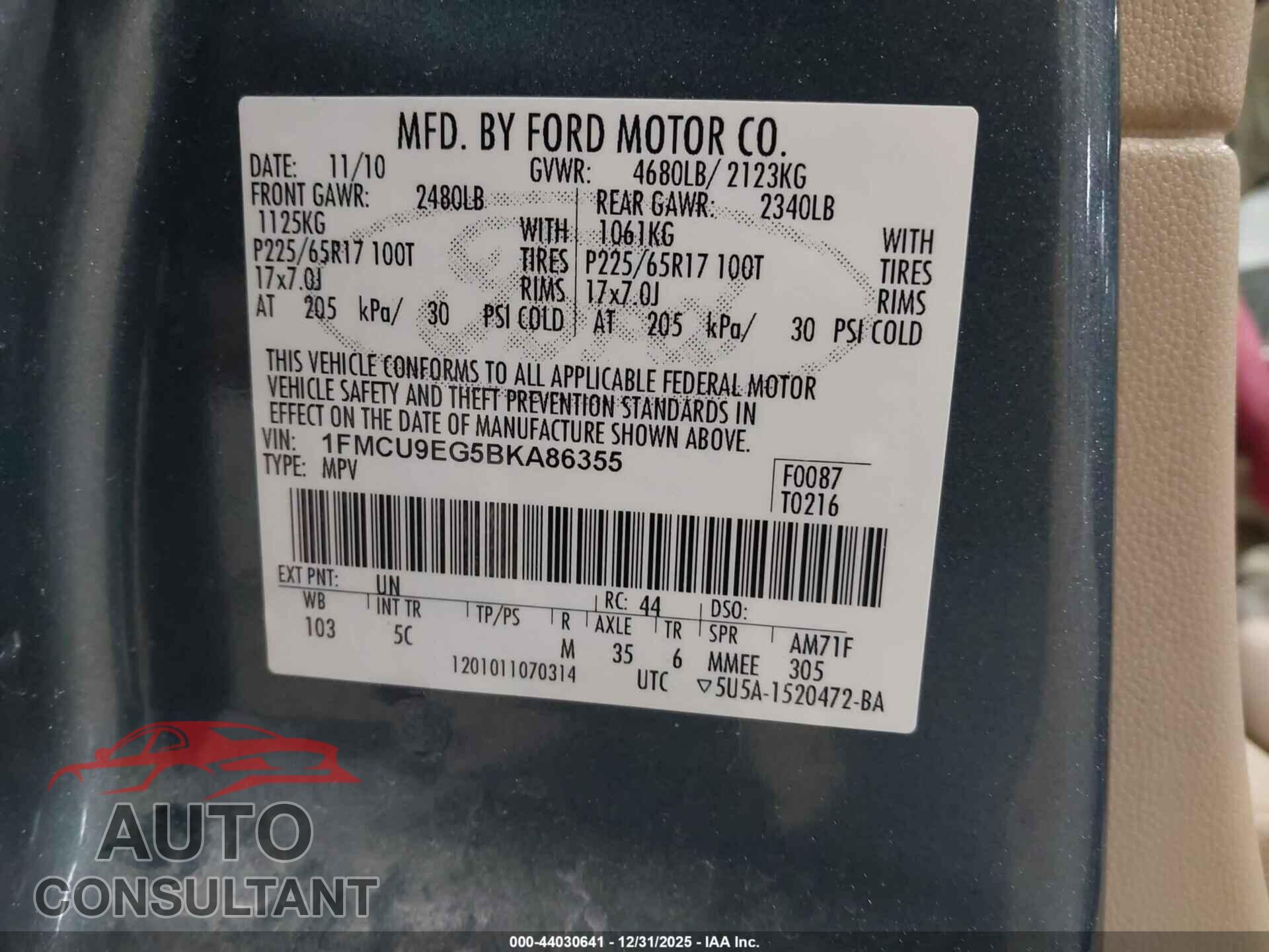 FORD ESCAPE 2011 - 1FMCU9EG5BKA86355