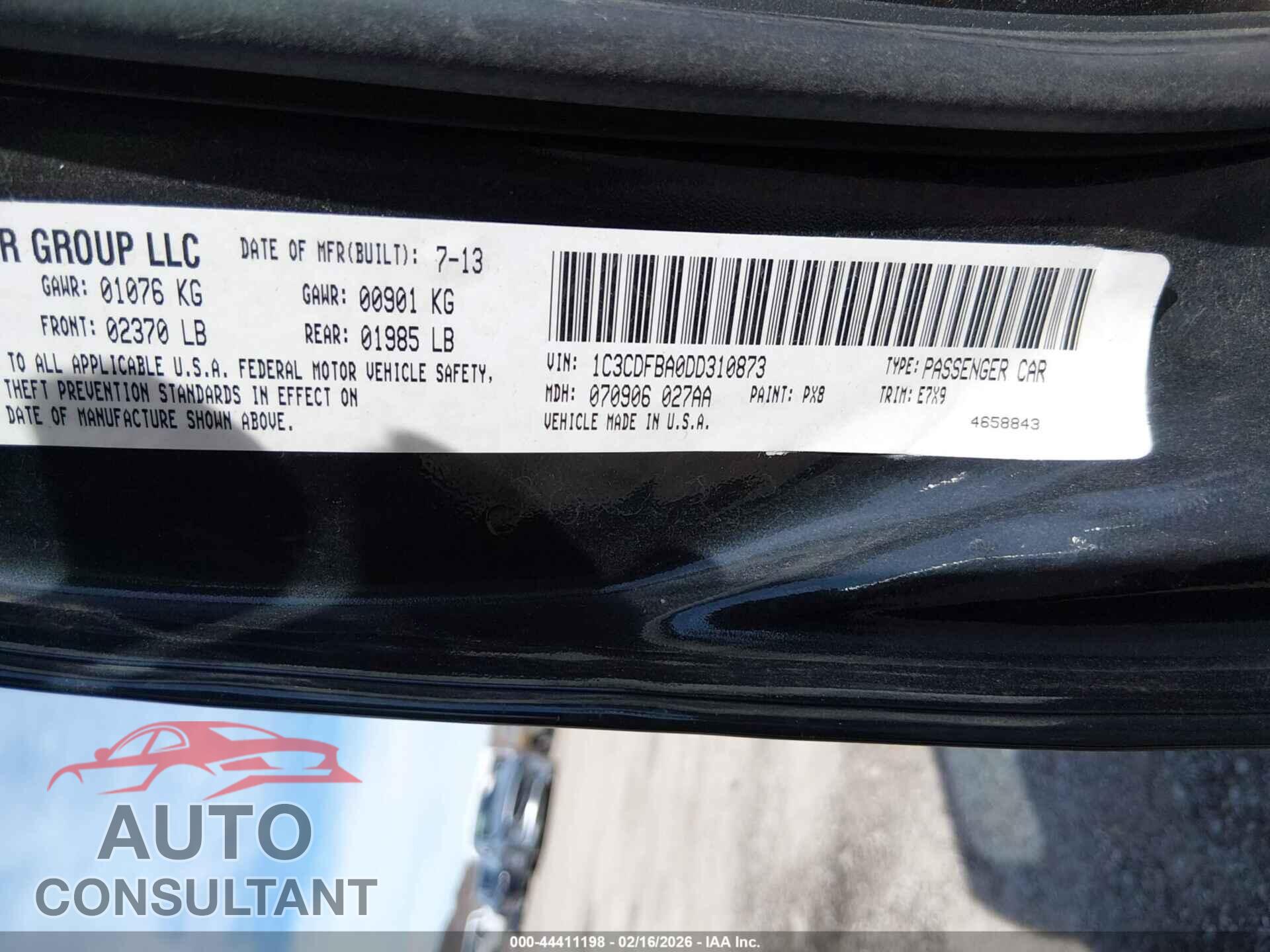 DODGE DART 2013 - 1C3CDFBA0DD310873