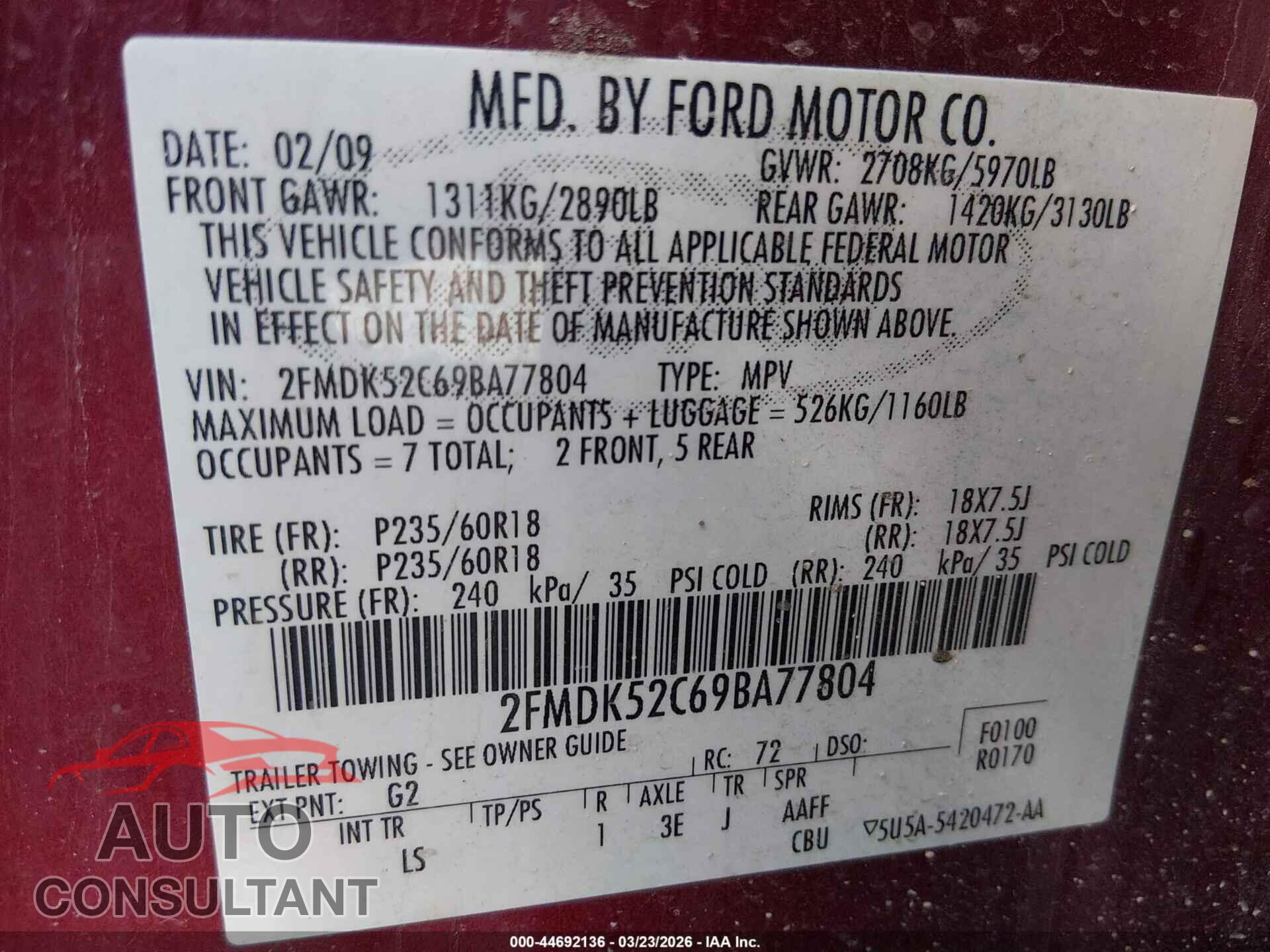 FORD FLEX 2009 - 2FMDK52C69BA77804