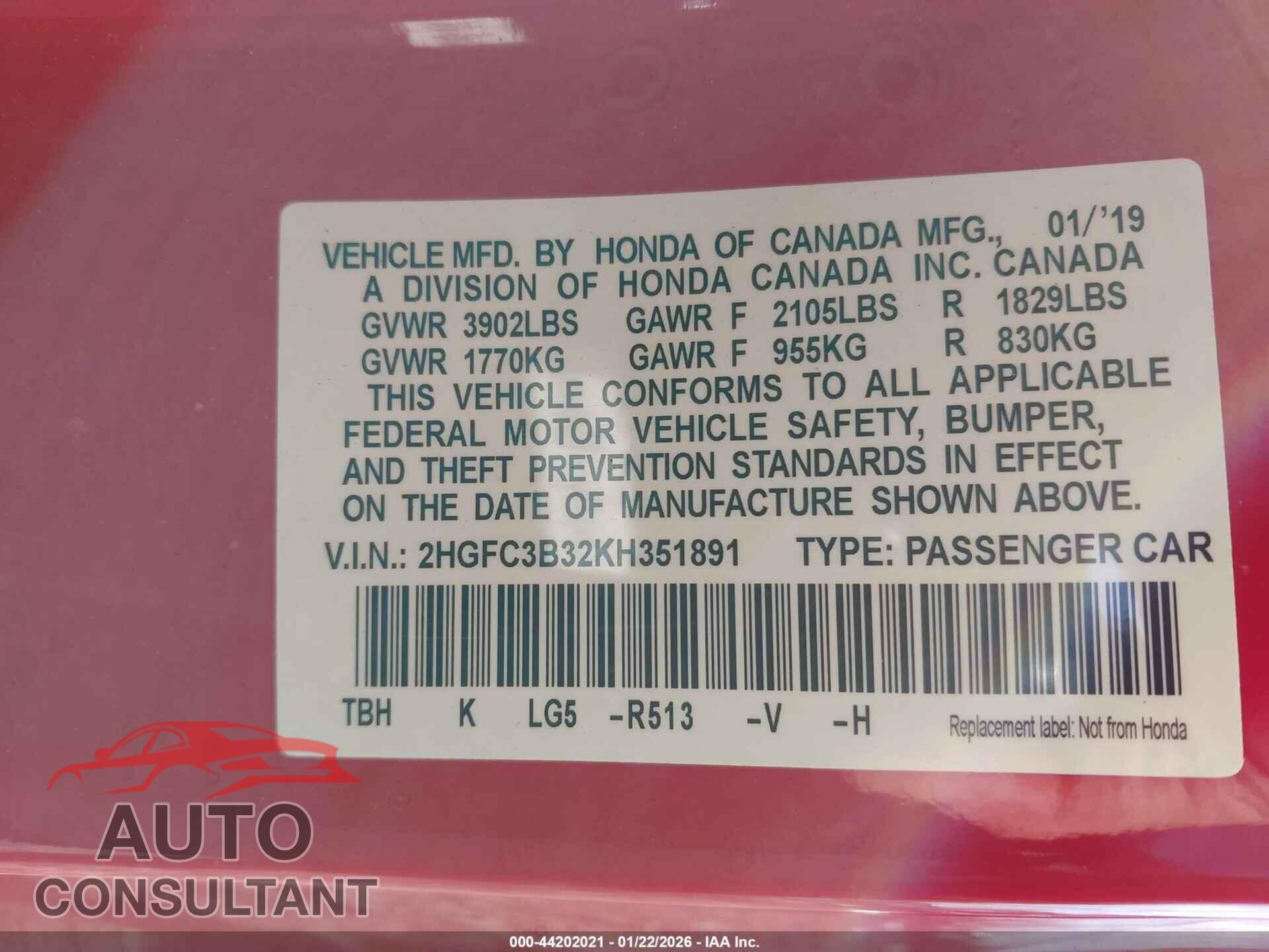 HONDA CIVIC 2019 - 2HGFC3B32KH351891