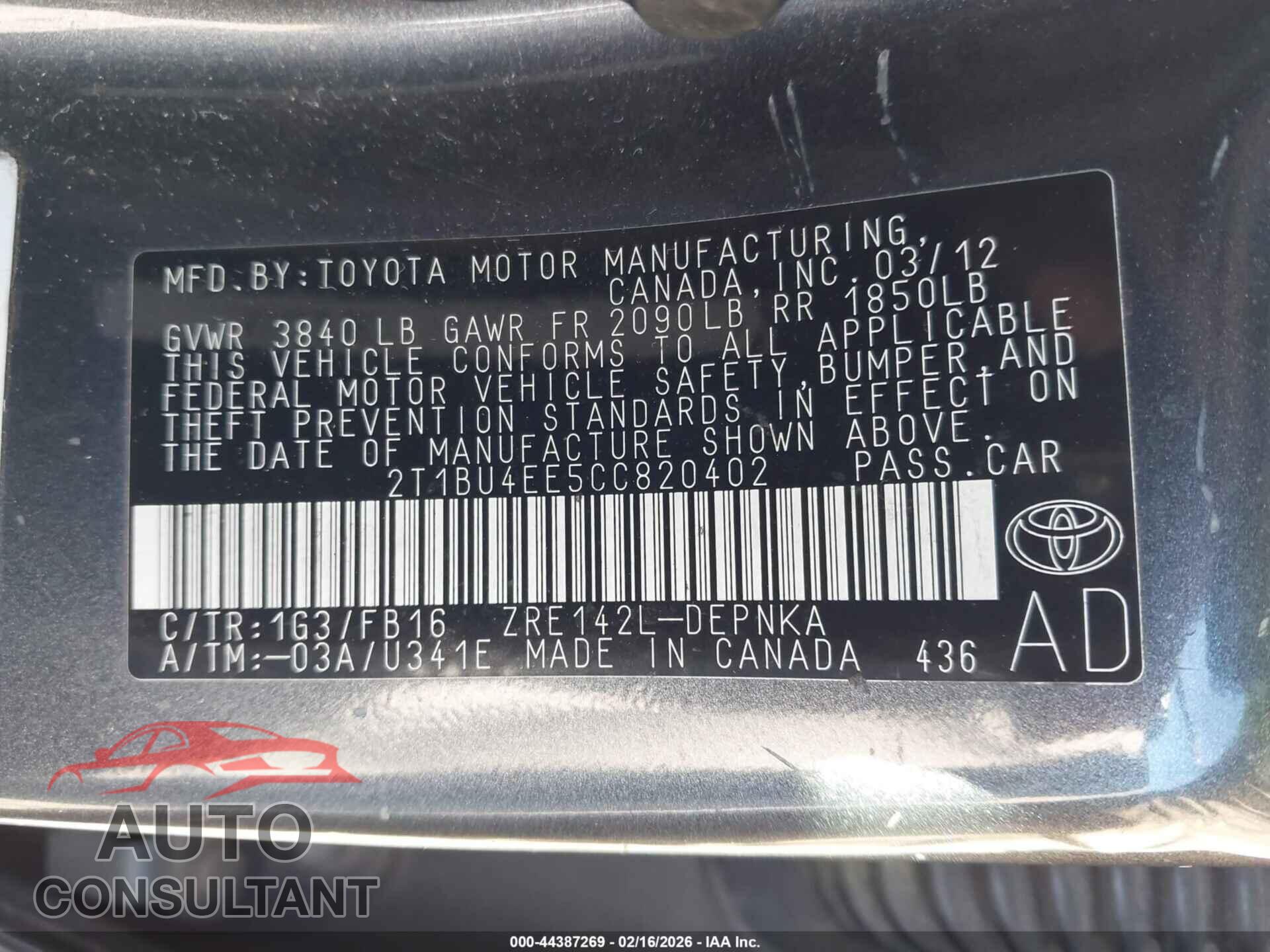TOYOTA COROLLA 2012 - 2T1BU4EE5CC820402