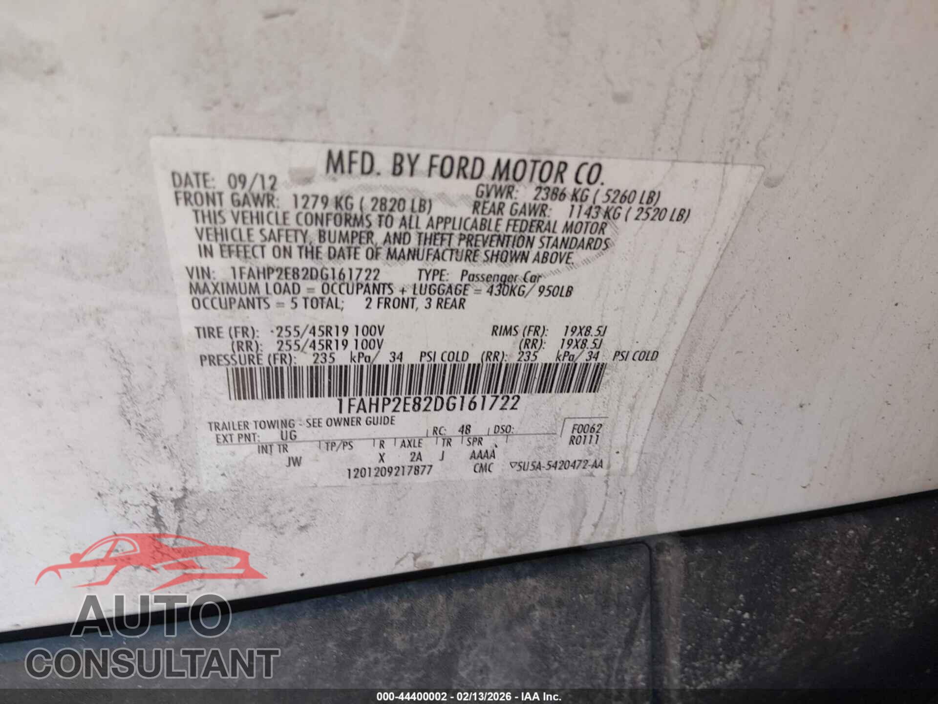 FORD TAURUS 2013 - 1FAHP2E82DG161722