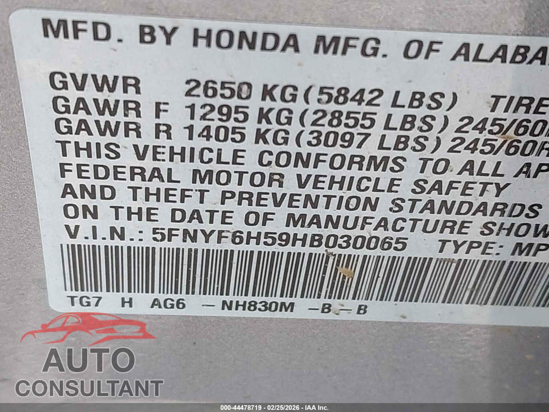 HONDA PILOT 2017 - 5FNYF6H59HB030065