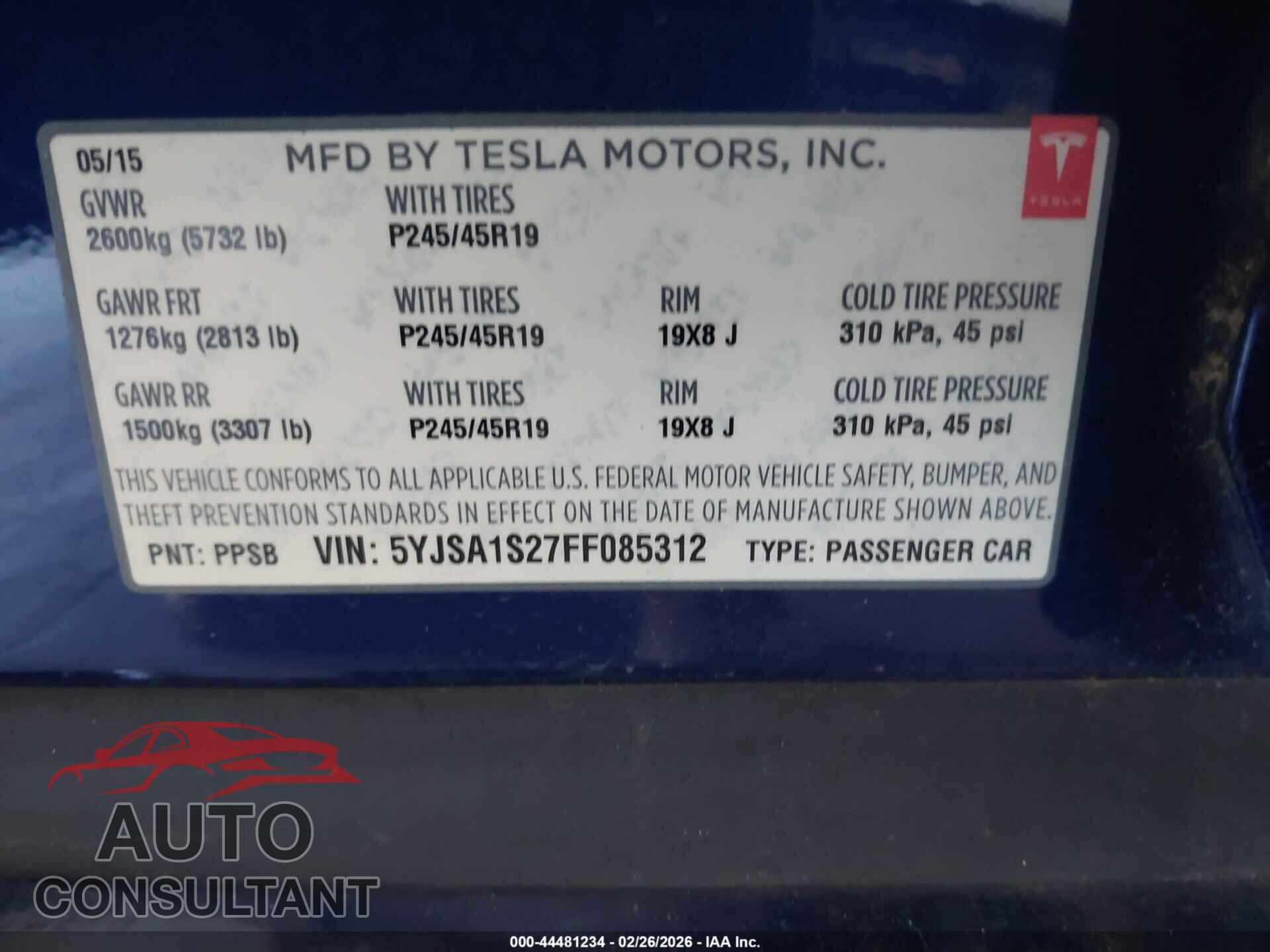 TESLA MODEL S 2015 - 5YJSA1S27FF085312