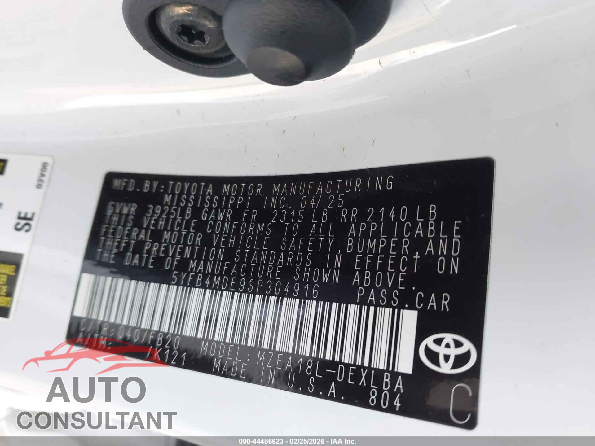 TOYOTA COROLLA 2025 - 5YFB4MDE9SP304916