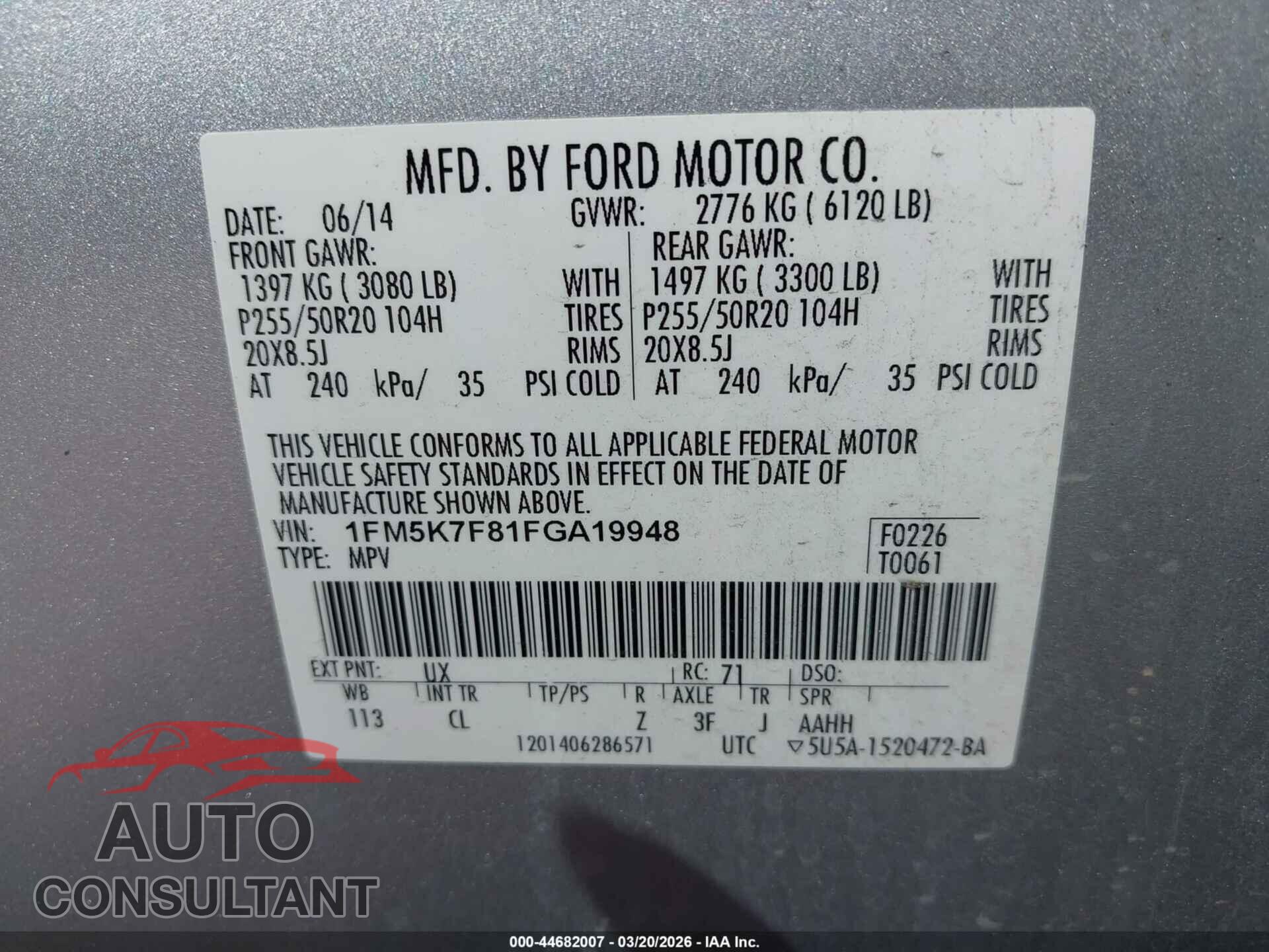 FORD EXPLORER 2015 - 1FM5K7F81FGA19948