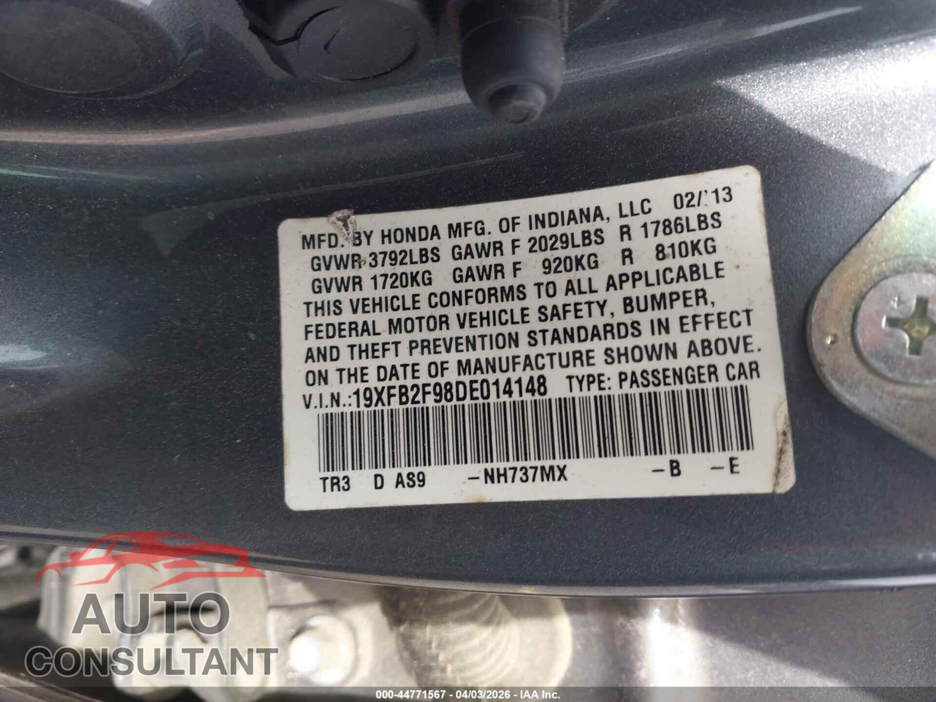 HONDA CIVIC 2013 - 19XFB2F98DE014148