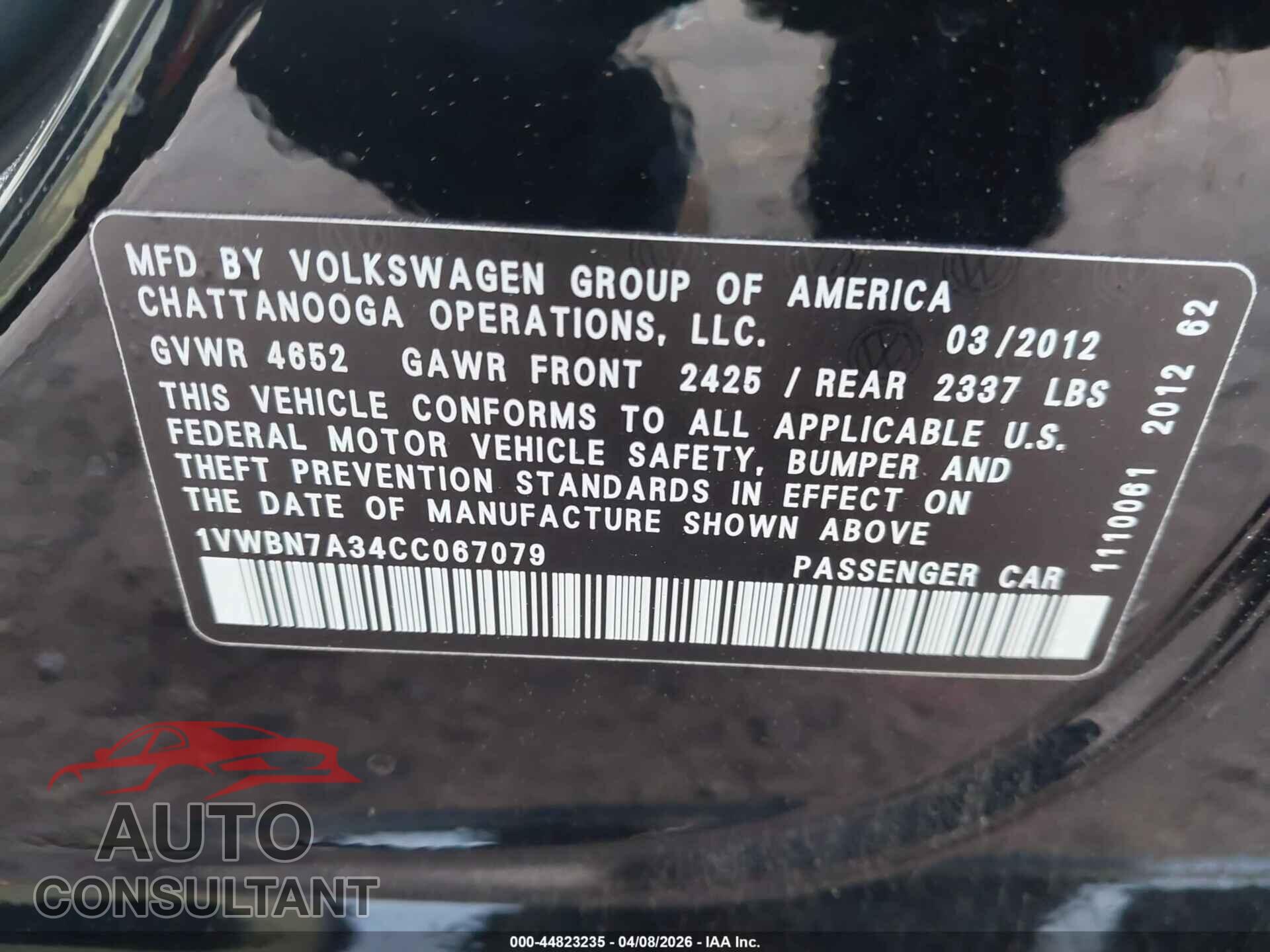 VOLKSWAGEN PASSAT 2012 - 1VWBN7A34CC067079