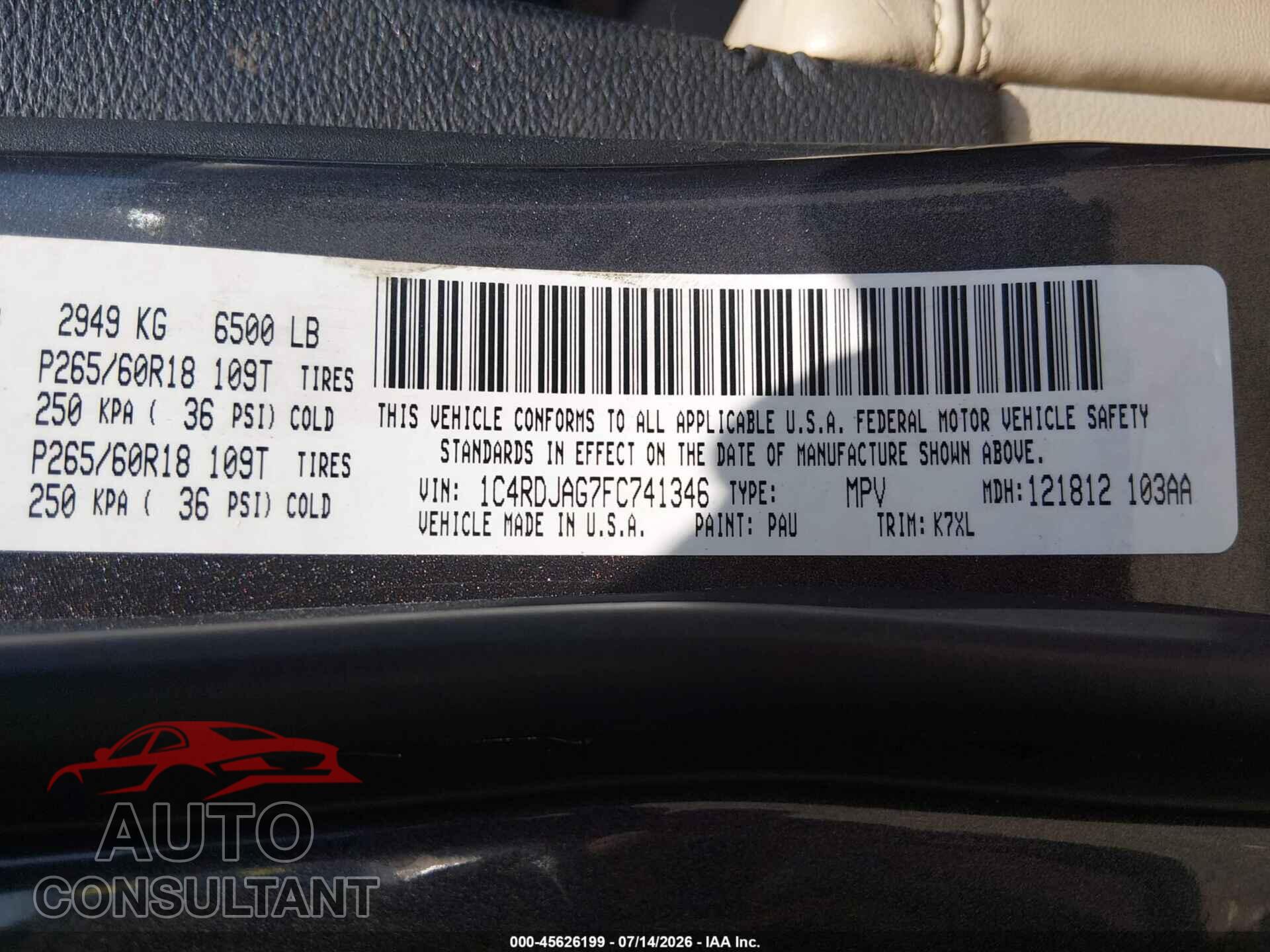 DODGE DURANGO 2015 - 1C4RDJAG7FC741346