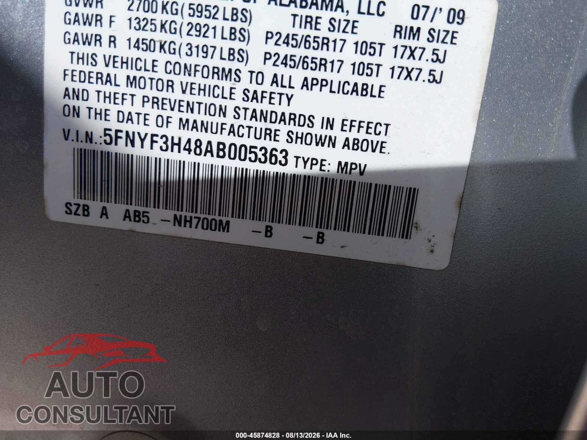 HONDA PILOT 2010 - 5FNYF3H48AB005363
