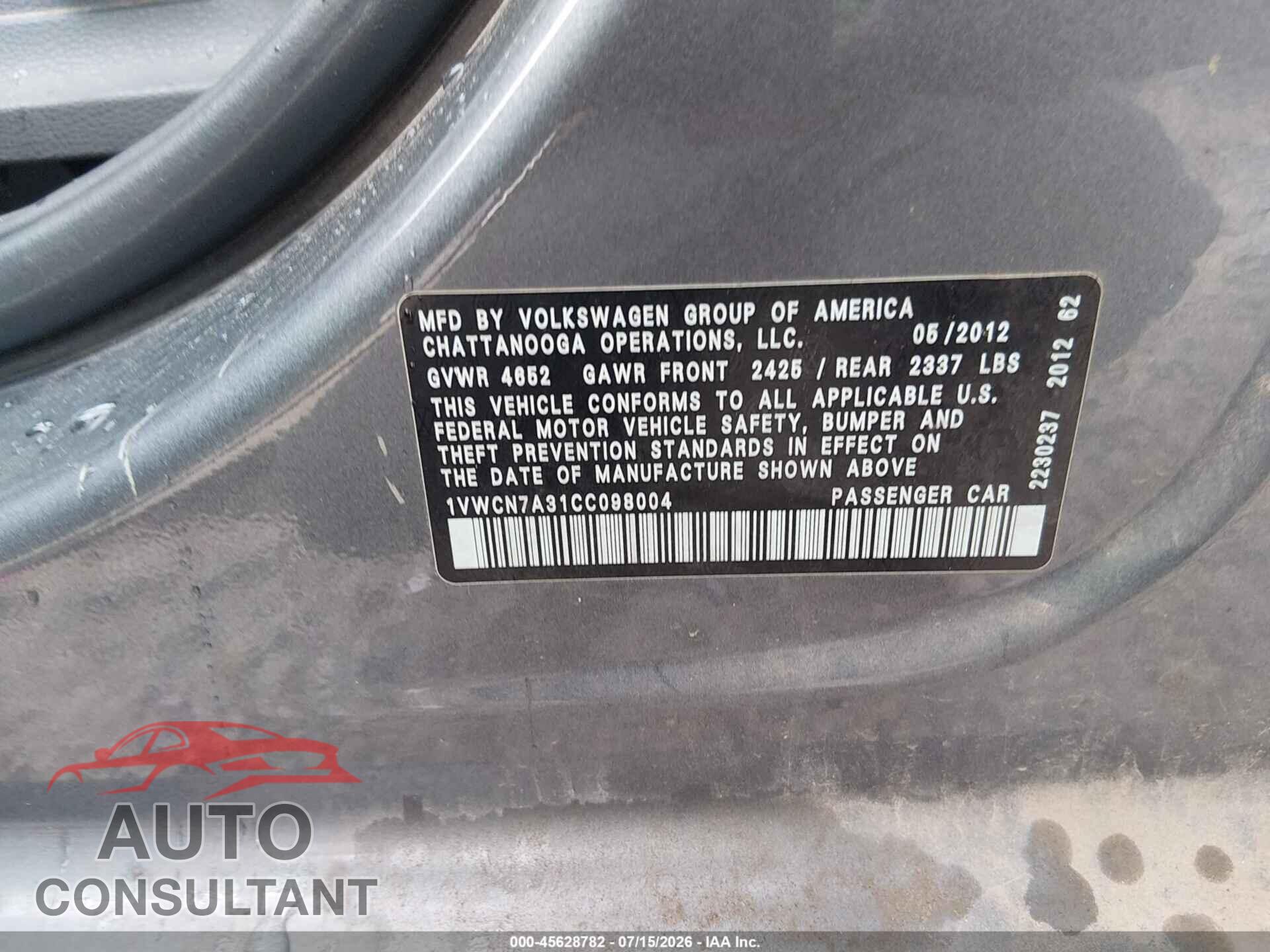 VOLKSWAGEN PASSAT 2012 - 1VWCN7A31CC098004
