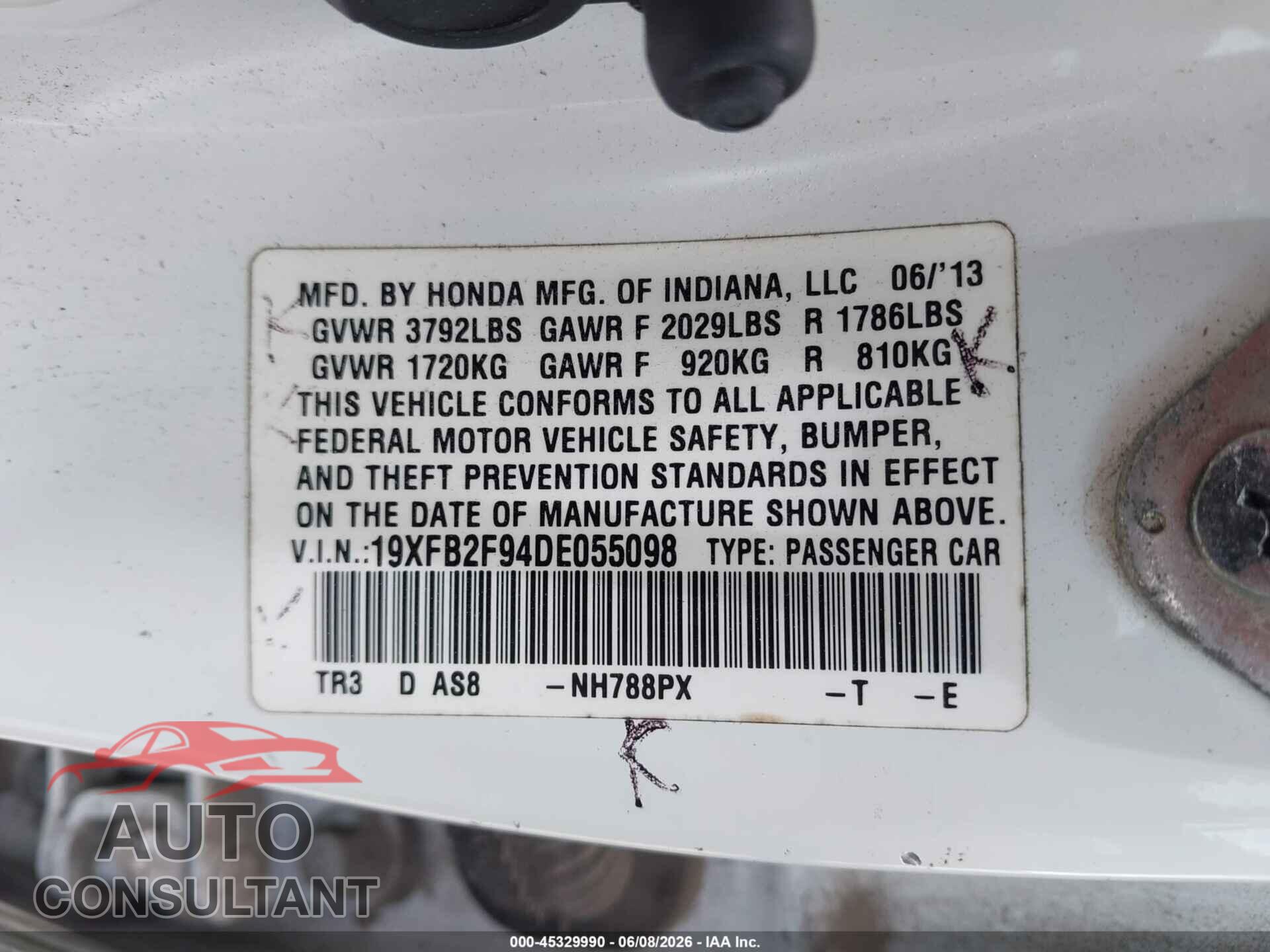 HONDA CIVIC 2013 - 19XFB2F94DE055098