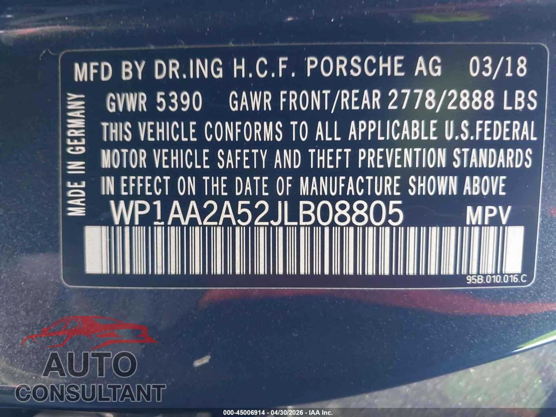PORSCHE MACAN 2018 - WP1AA2A52JLB08805