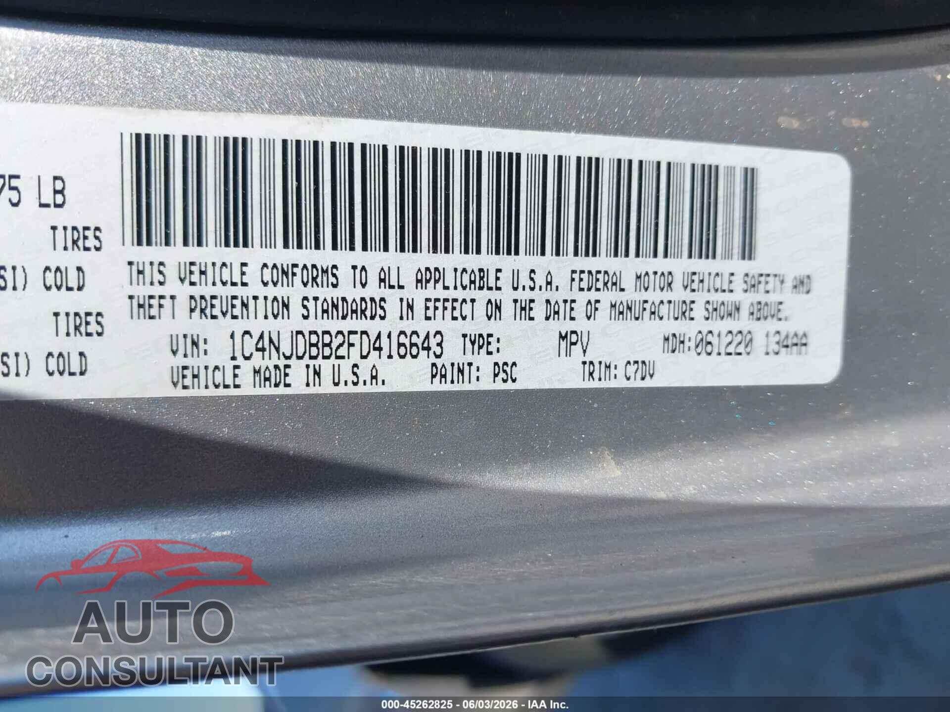 JEEP COMPASS 2015 - 1C4NJDBB2FD416643