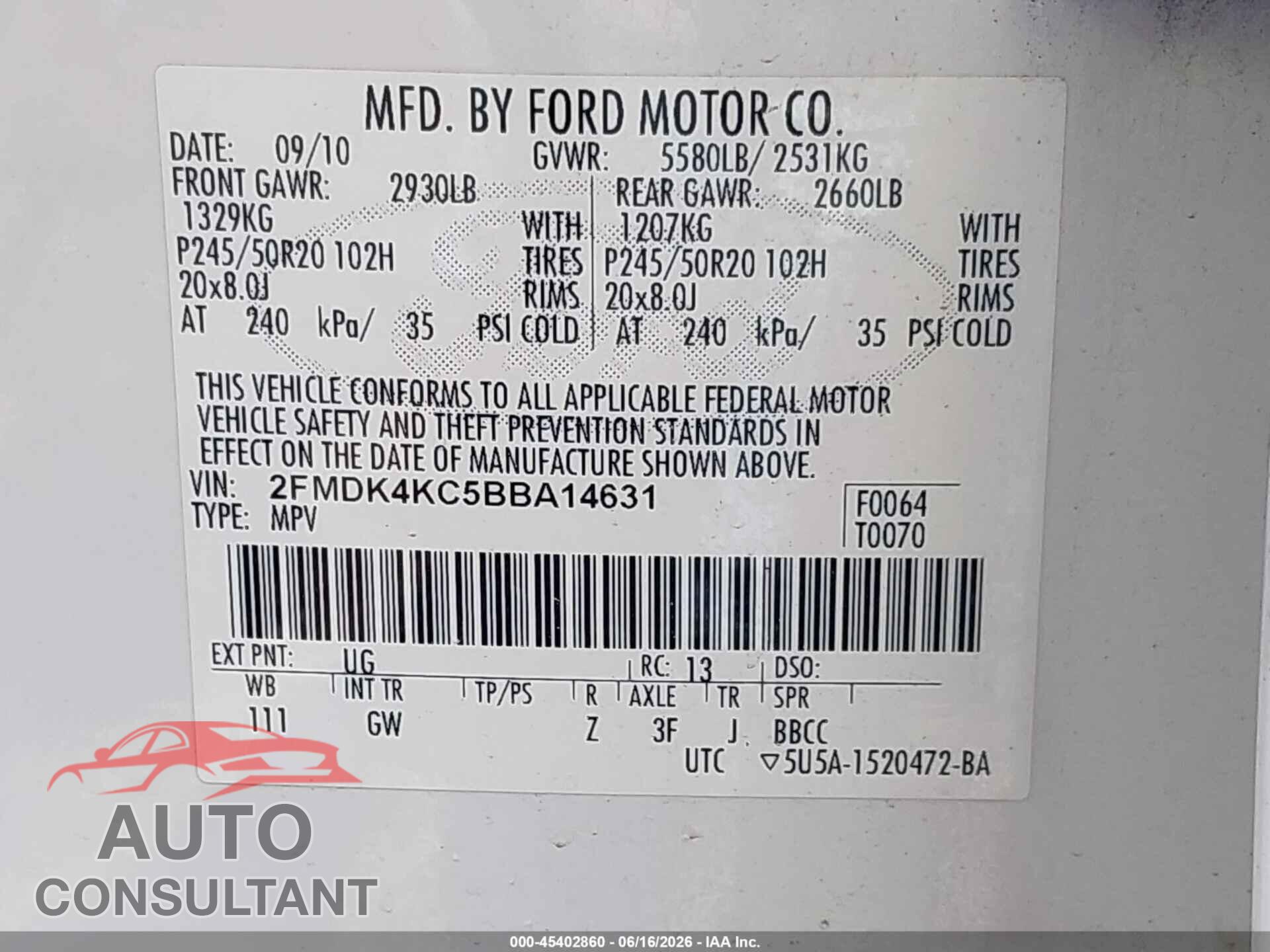 FORD EDGE 2011 - 2FMDK4KC5BBA14631