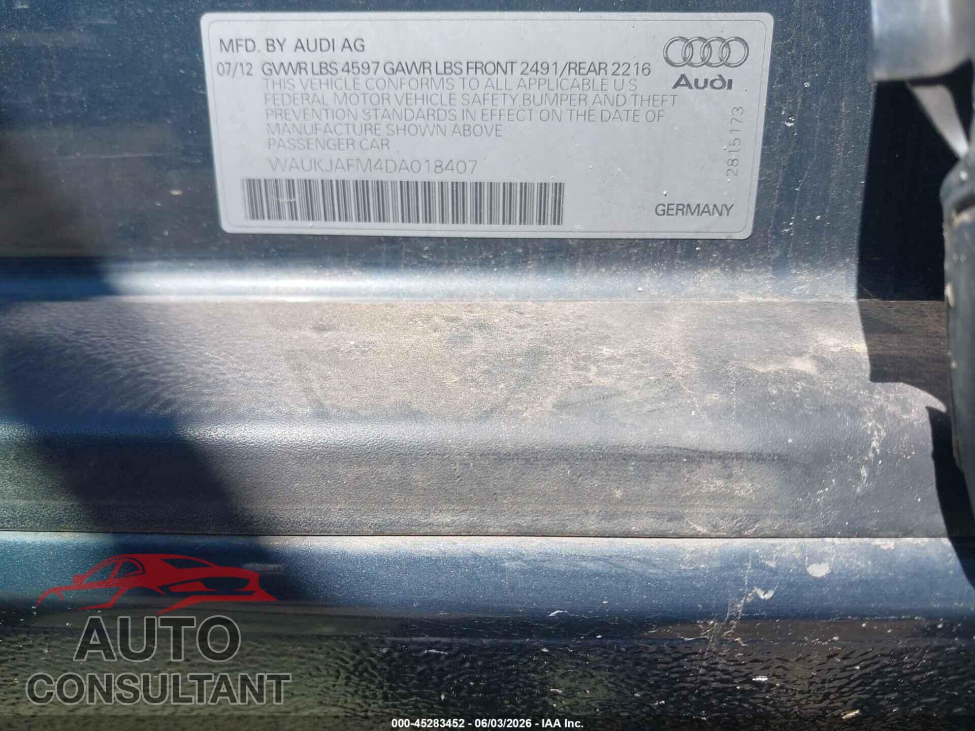 AUDI A3 2013 - WAUKJAFM4DA018407