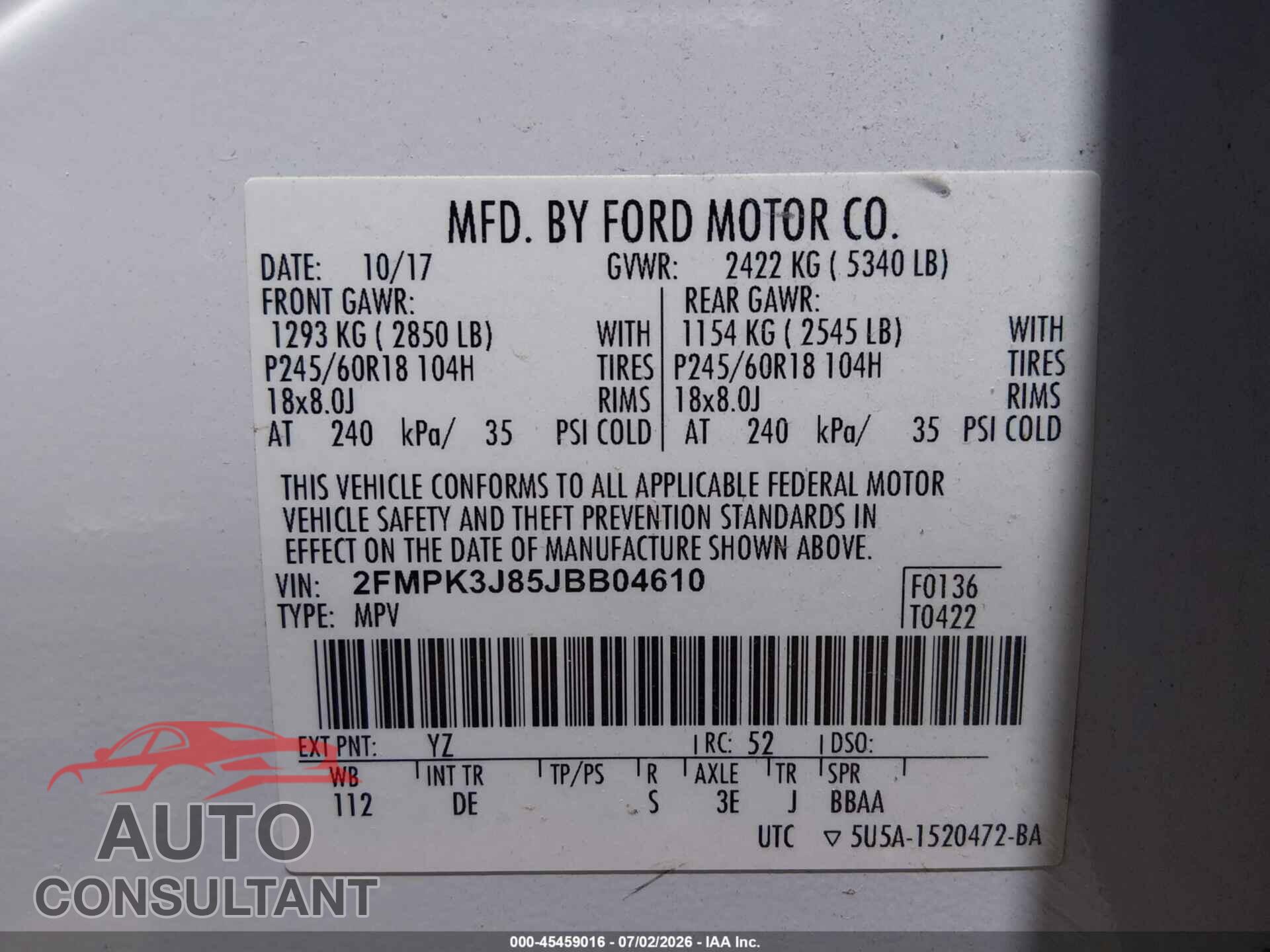 FORD EDGE 2018 - 2FMPK3J85JBB04610