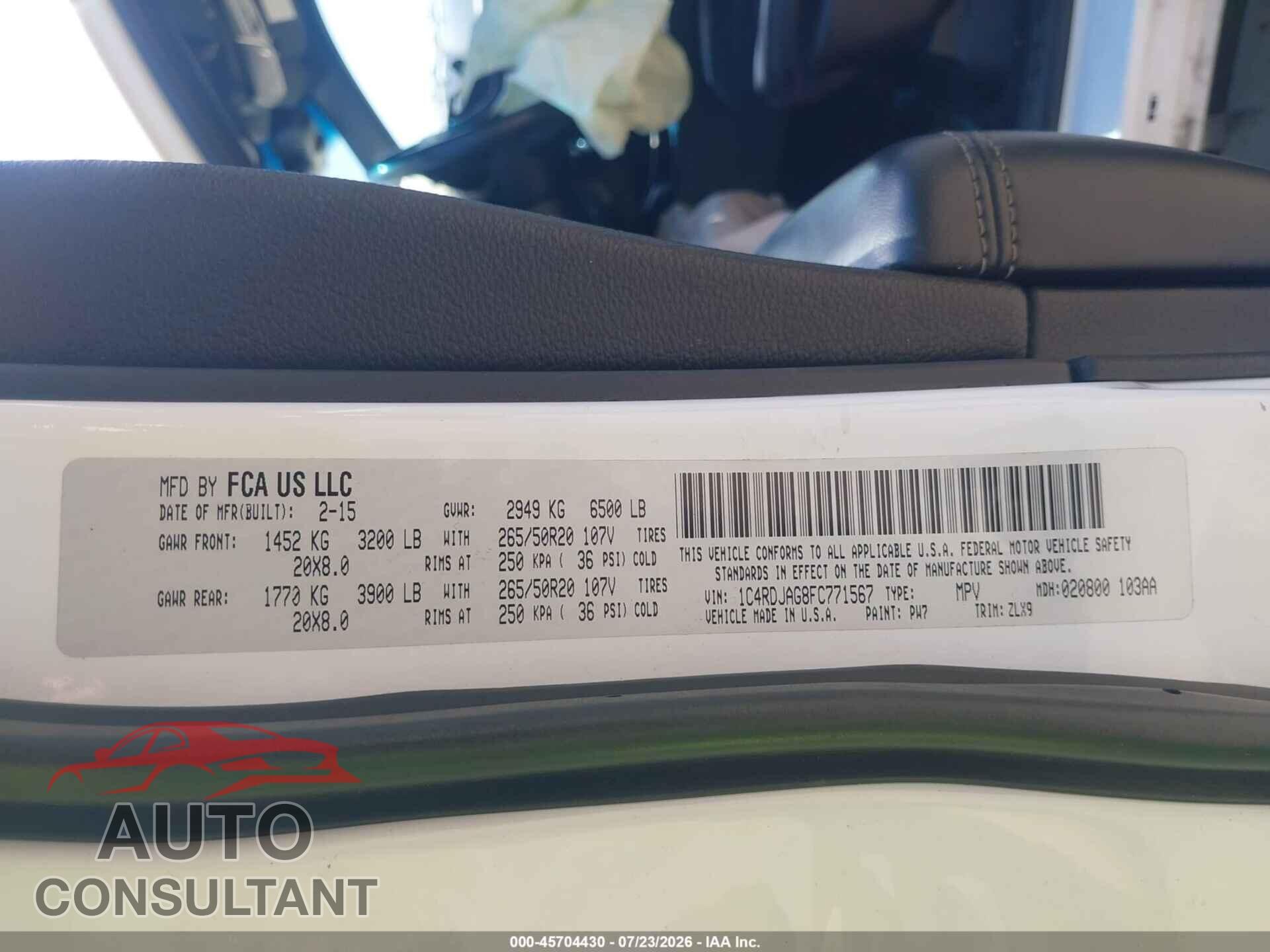 DODGE DURANGO 2015 - 1C4RDJAG8FC771567