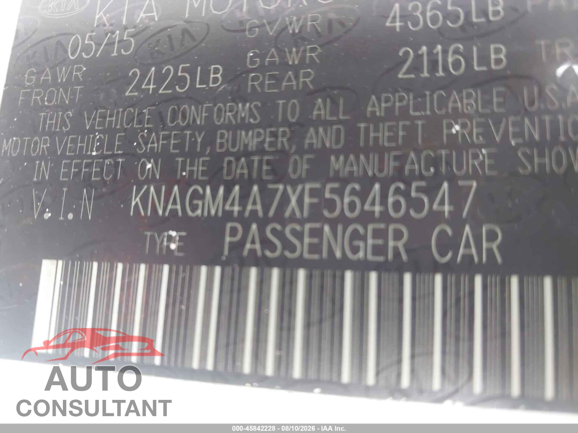 KIA OPTIMA 2015 - KNAGM4A7XF5646547
