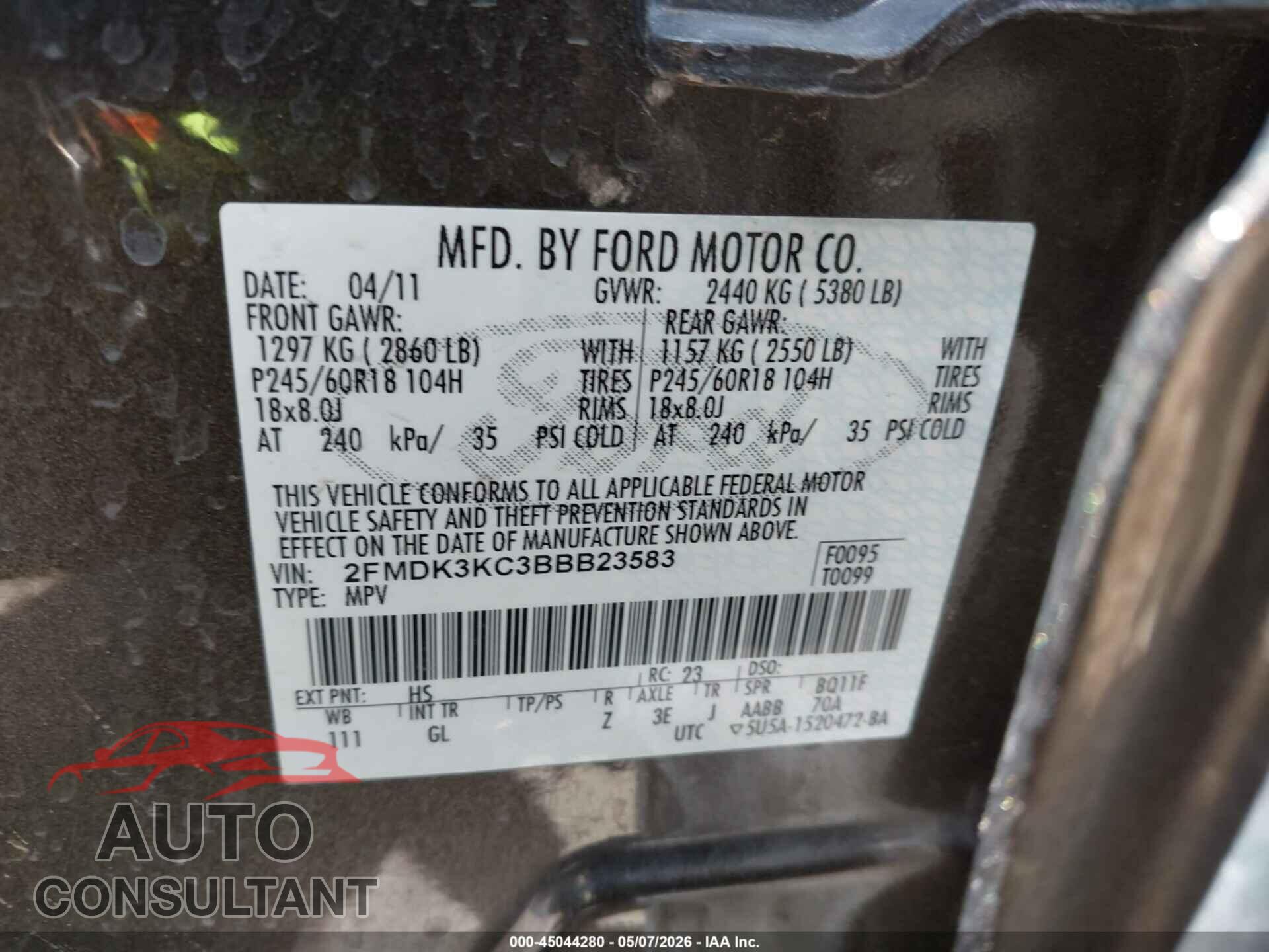 FORD EDGE 2011 - 2FMDK3KC3BBB23583