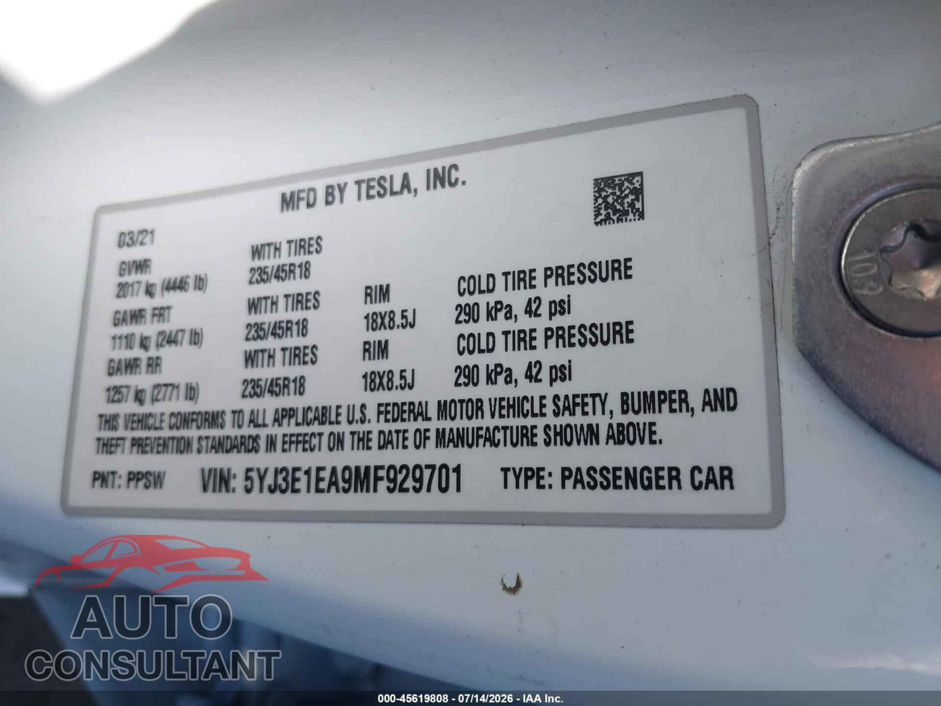 TESLA MODEL 3 2021 - 5YJ3E1EA9MF929701