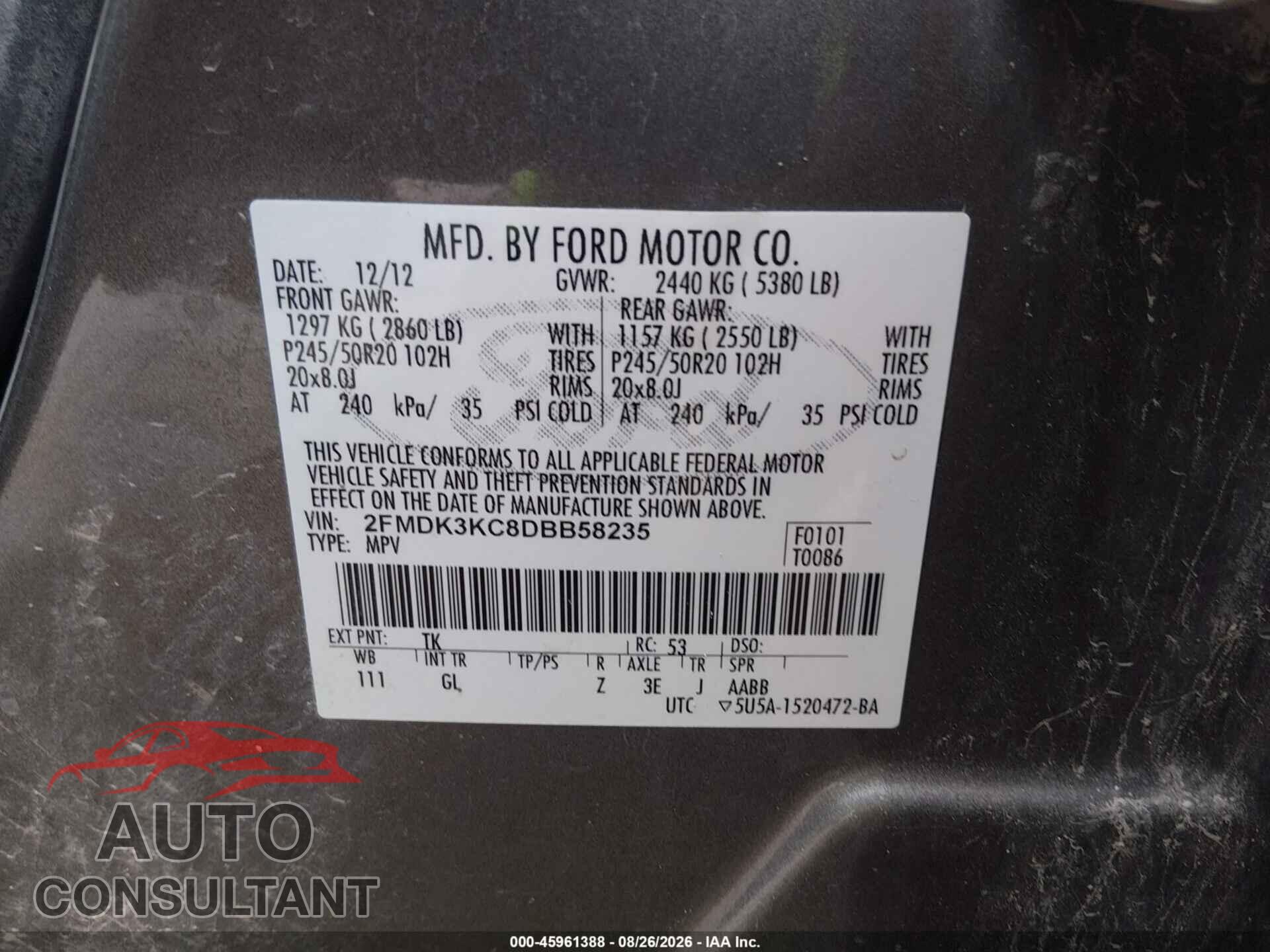 FORD EDGE 2013 - 2FMDK3KC8DBB58235