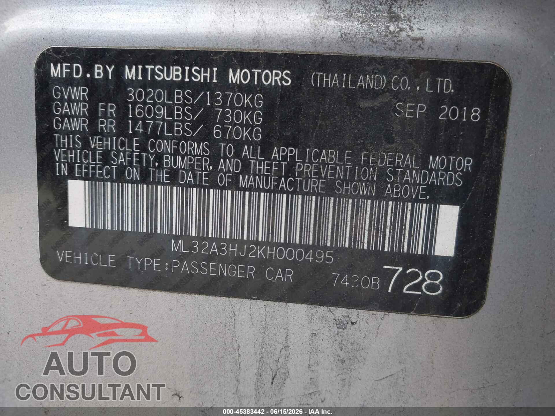 MITSUBISHI MIRAGE 2019 - ML32A3HJ2KH000495