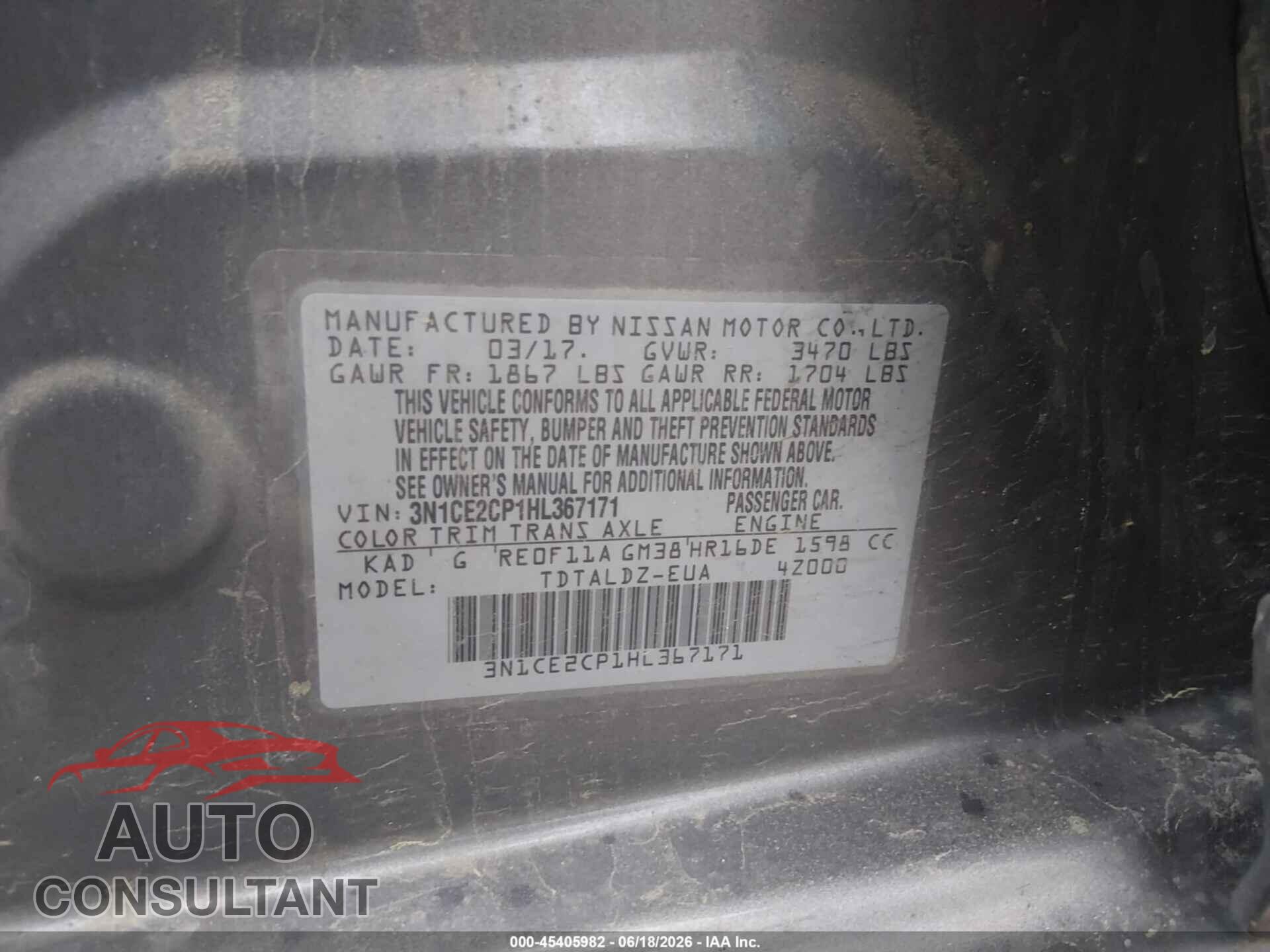NISSAN VERSA NOTE 2017 - 3N1CE2CP1HL367171