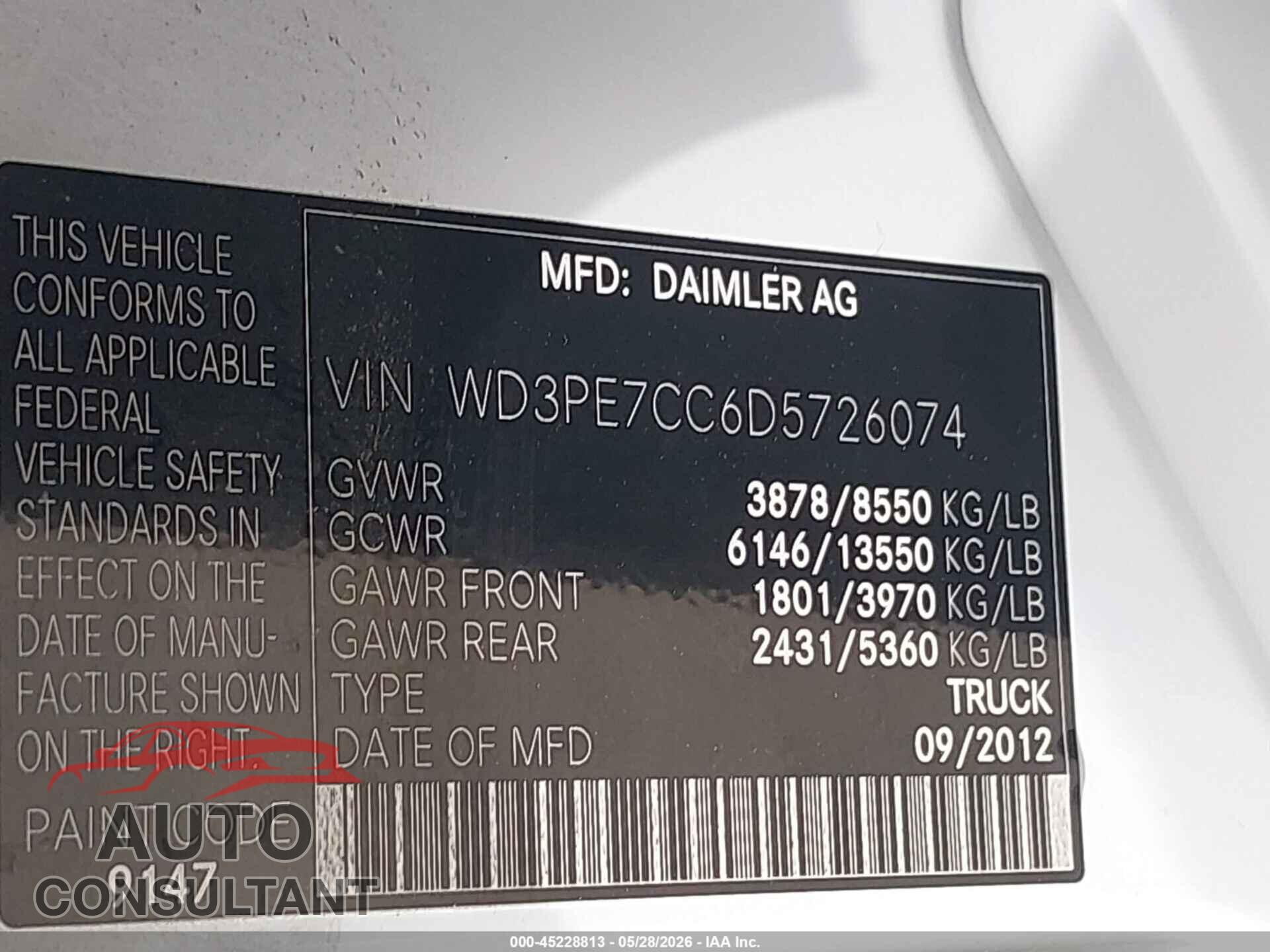 MERCEDES-BENZ SPRINTER 2500 2013 - WD3PE7CC6D5726074