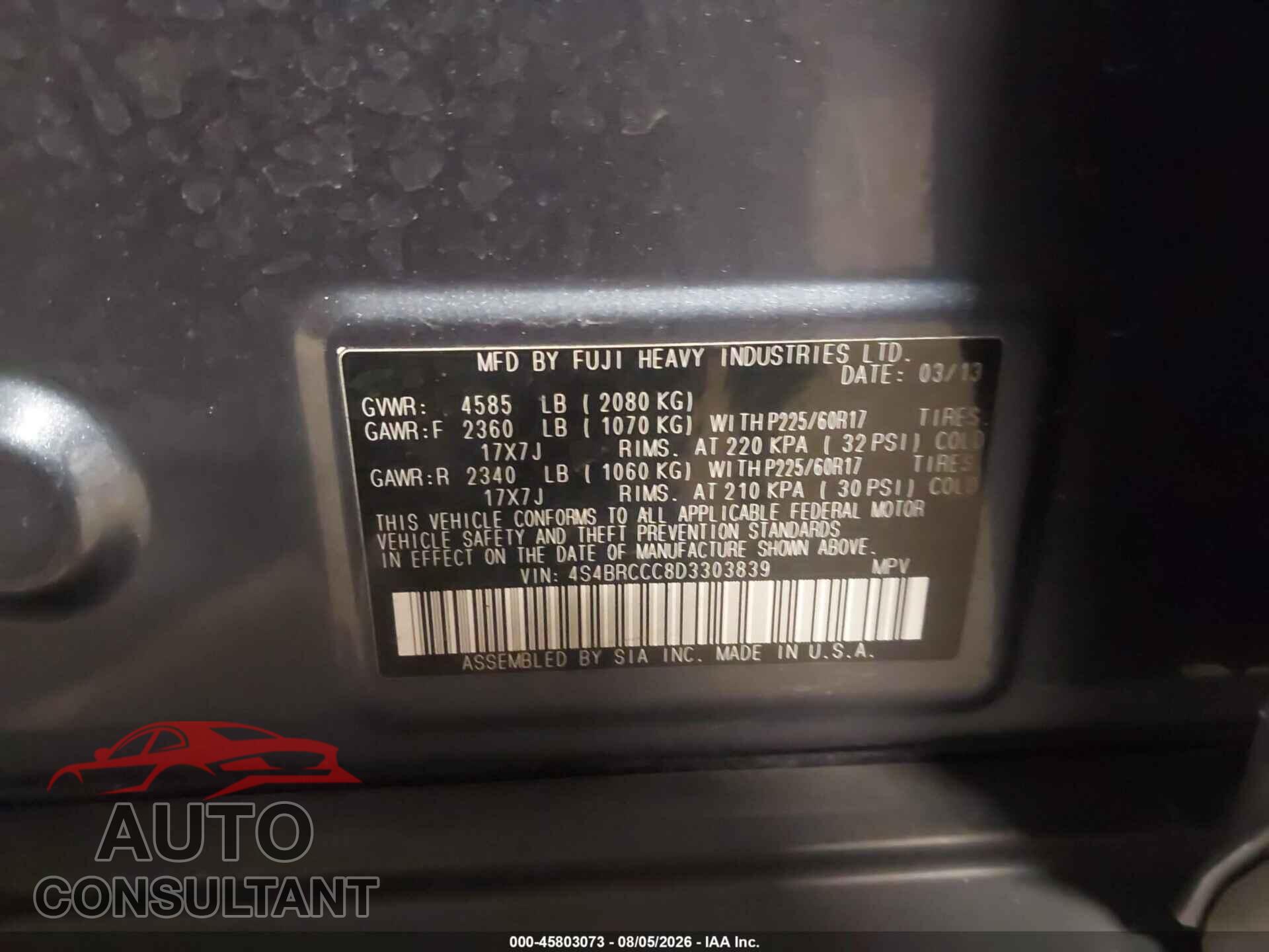 SUBARU OUTBACK 2013 - 4S4BRCCC8D3303839
