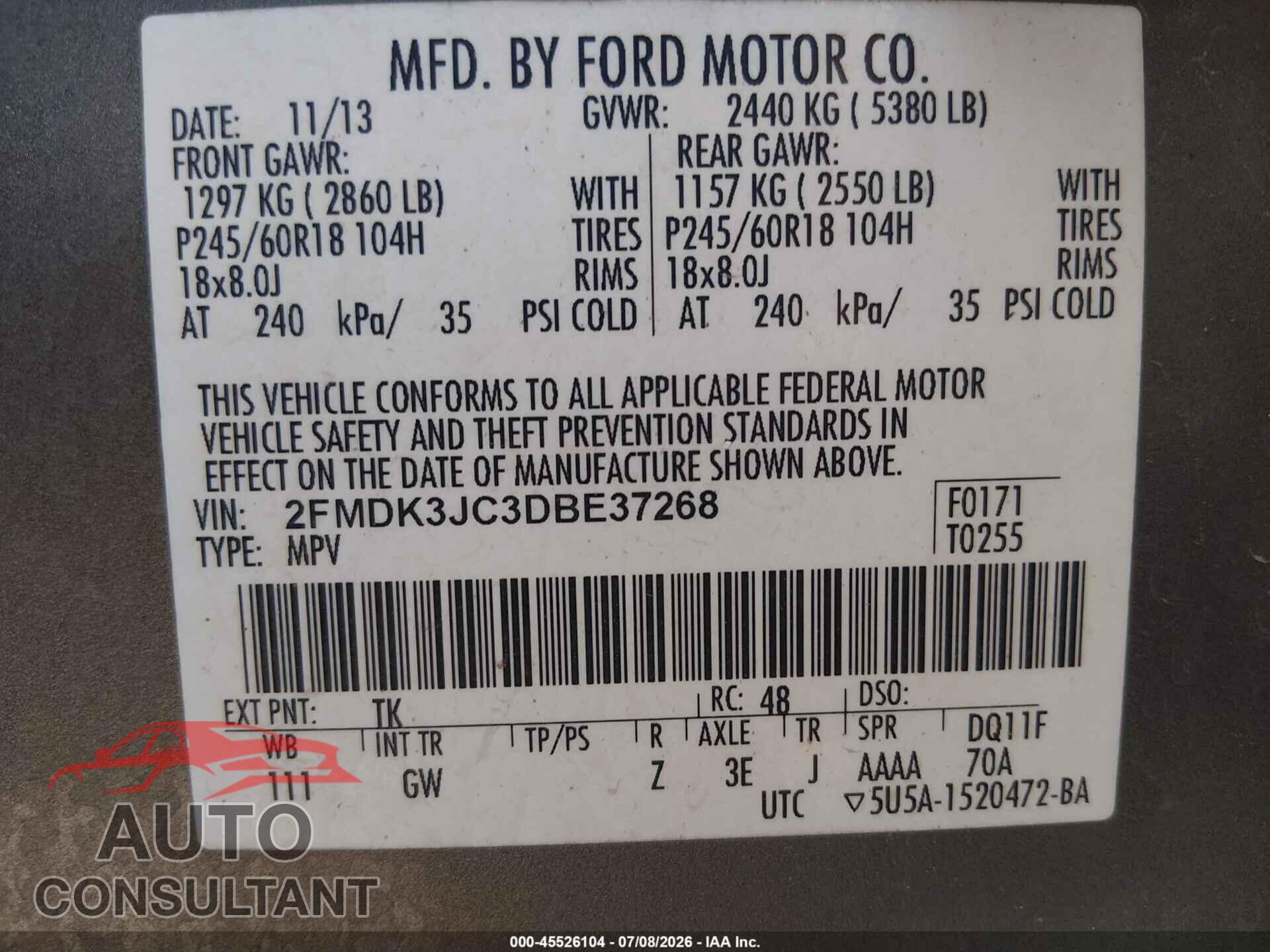 FORD EDGE 2013 - 2FMDK3JC3DBE37268