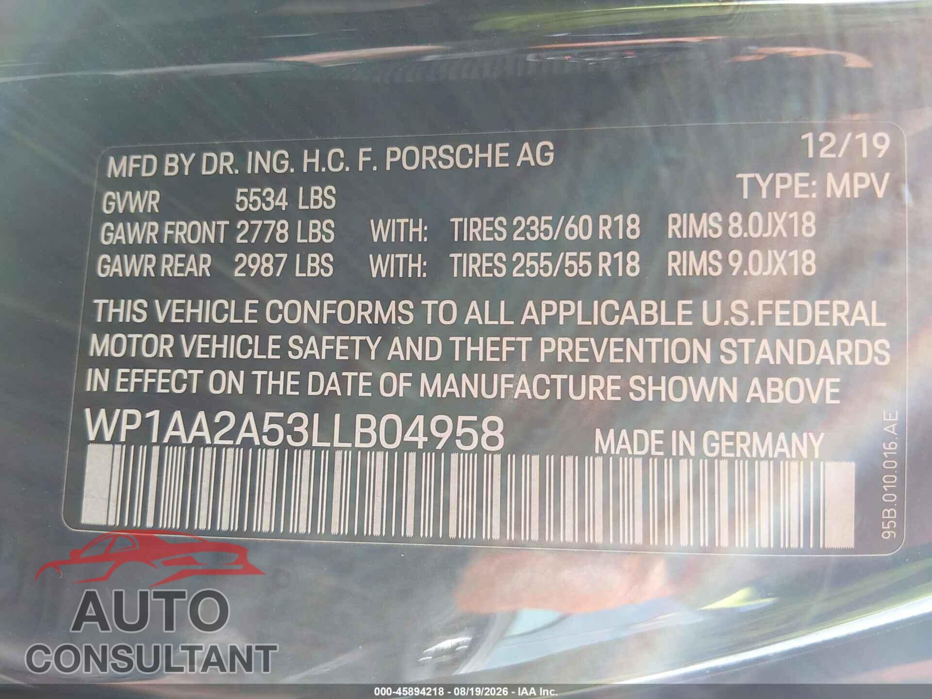 PORSCHE MACAN 2020 - WP1AA2A53LLB04958