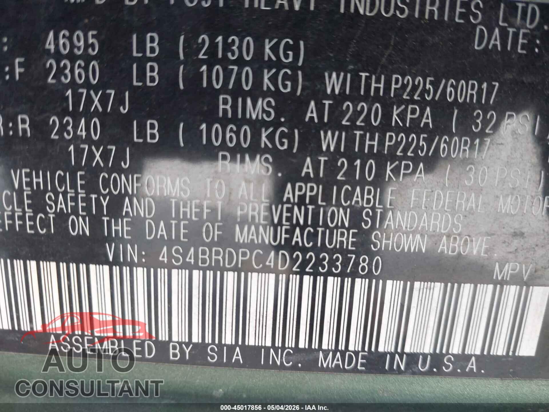 SUBARU OUTBACK 2013 - 4S4BRDPC4D2233780