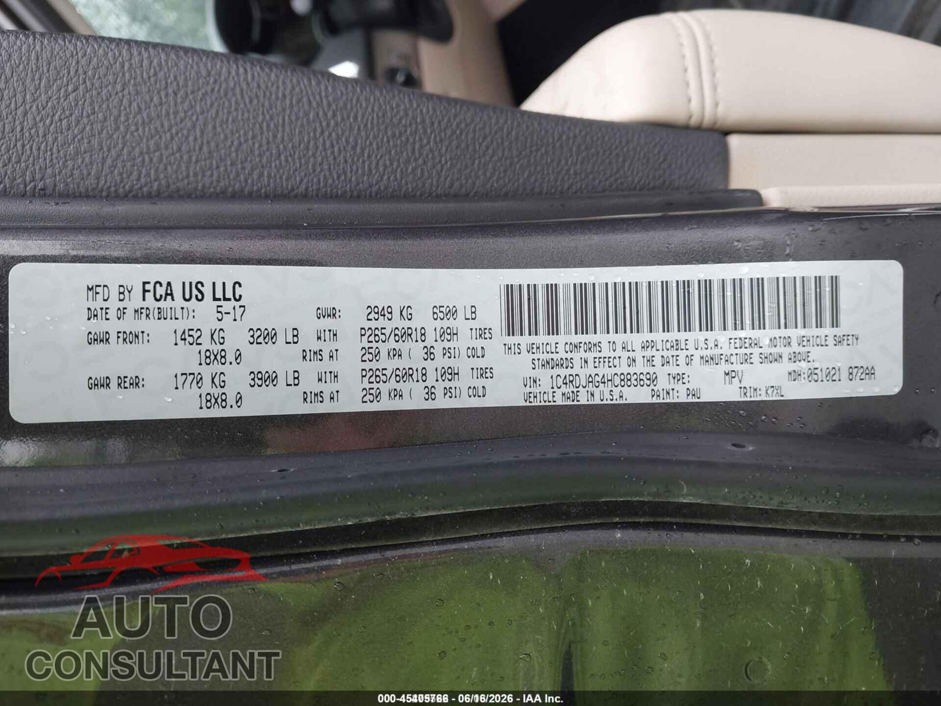 DODGE DURANGO 2017 - 1C4RDJAG4HC883690