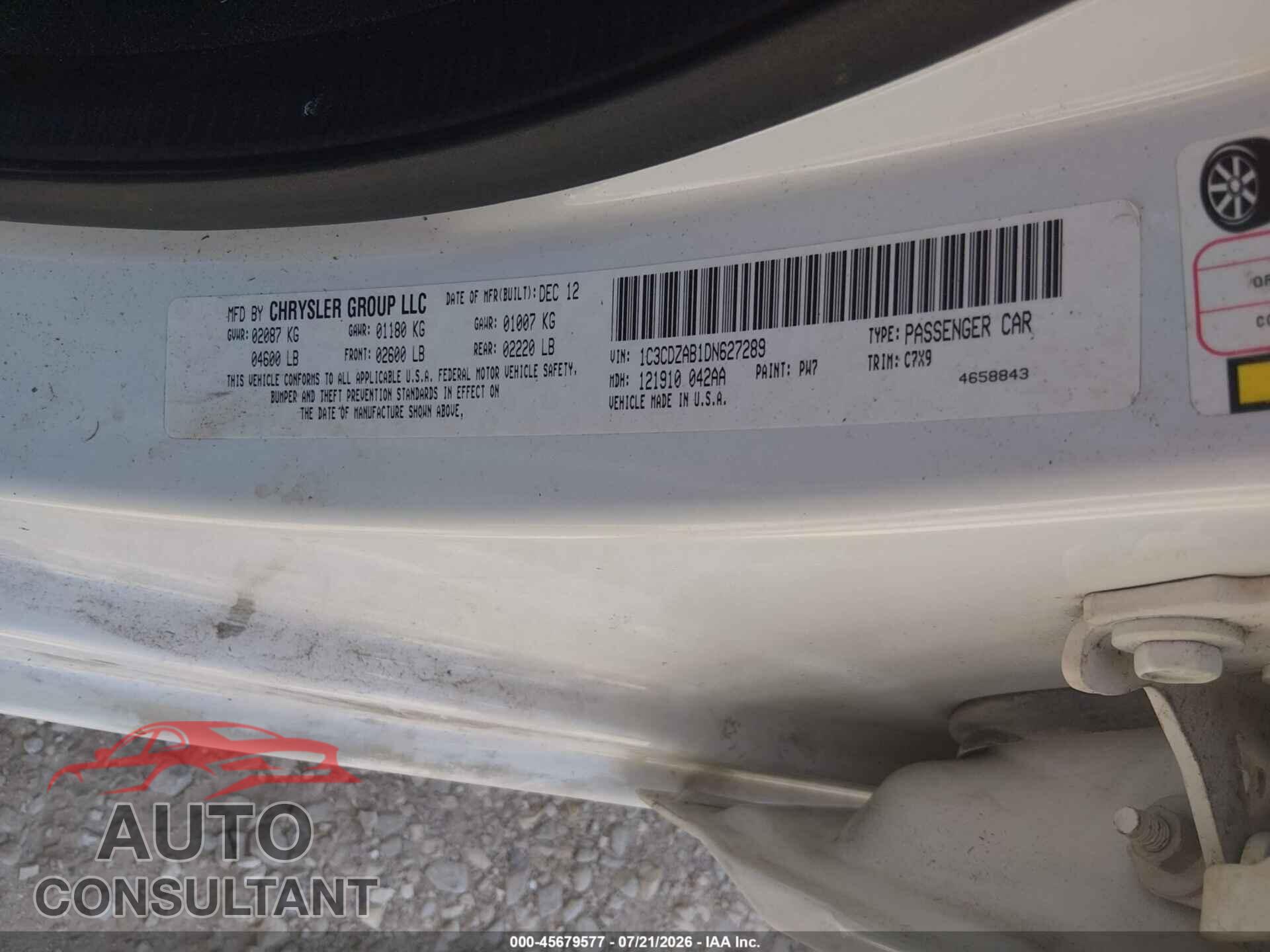 DODGE AVENGER 2013 - 1C3CDZAB1DN627289
