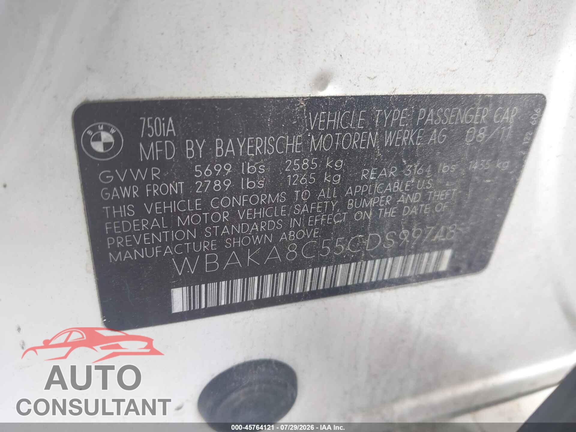 BMW 750I 2012 - WBAKA8C55CDS99748