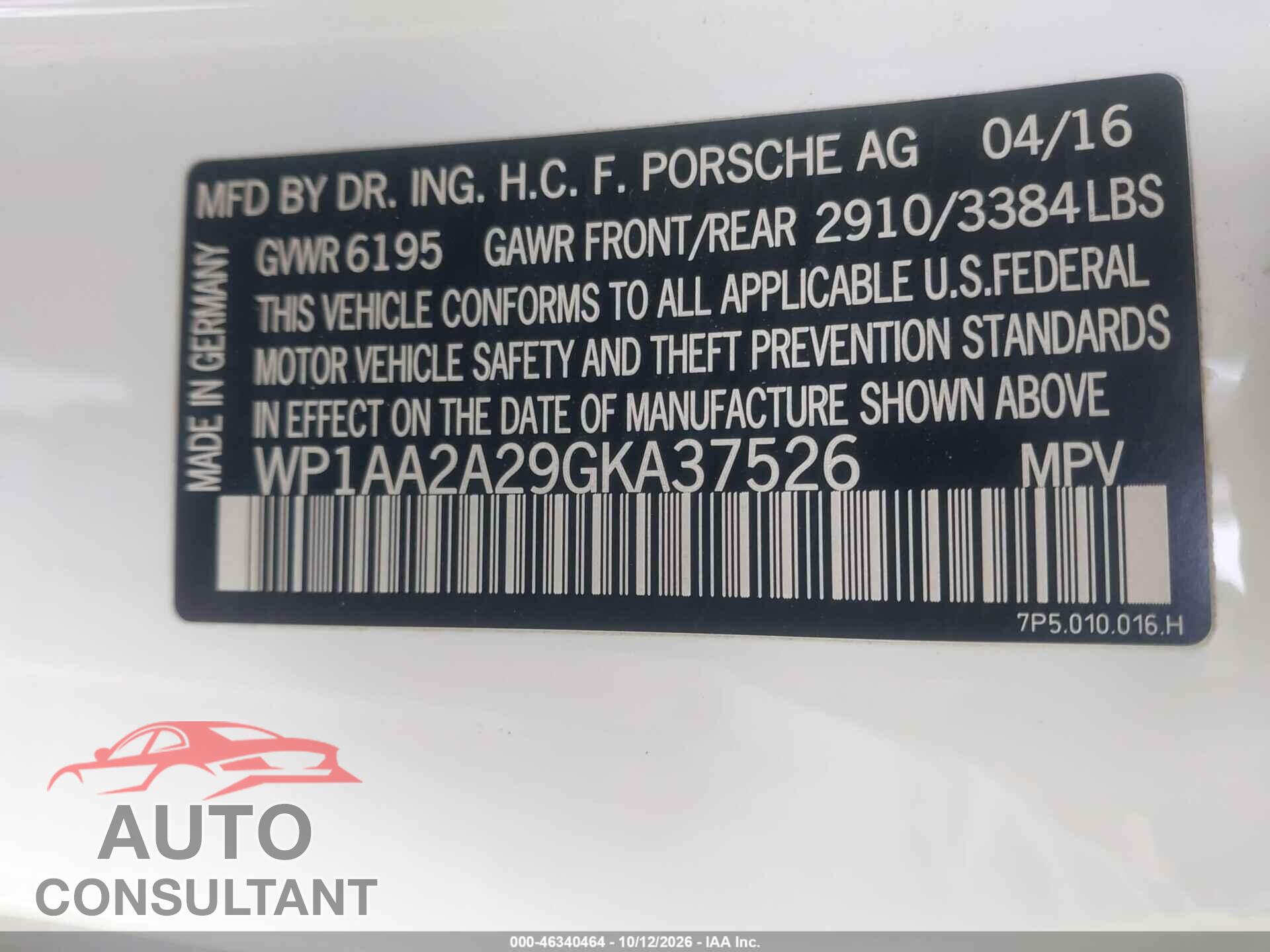 PORSCHE CAYENNE 2016 - WP1AA2A29GKA37526