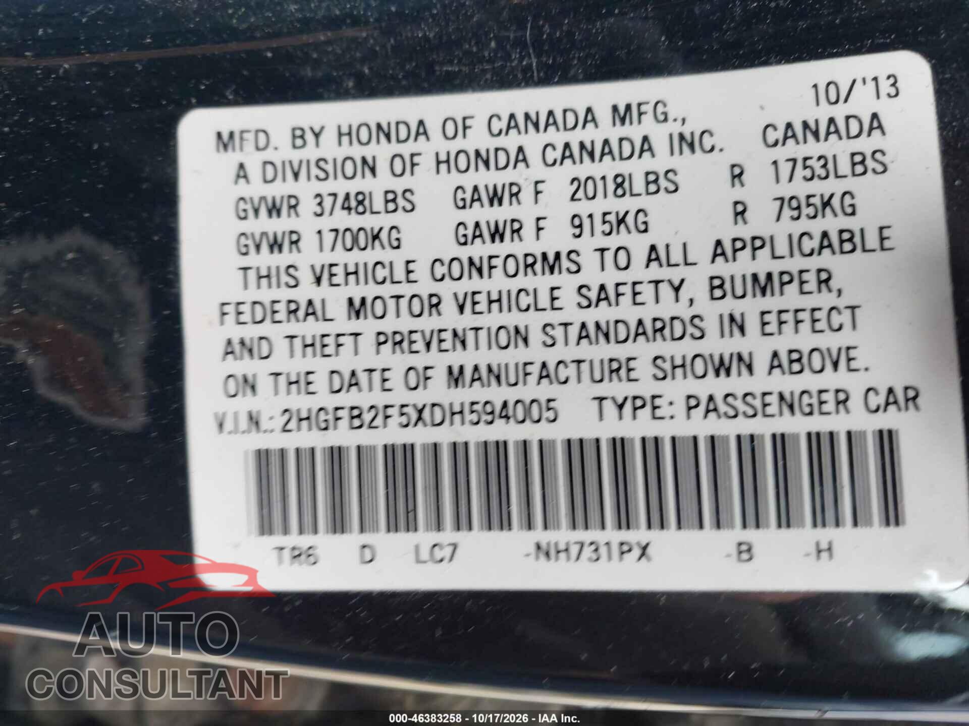 HONDA CIVIC 2013 - 2HGFB2F5XDH594005