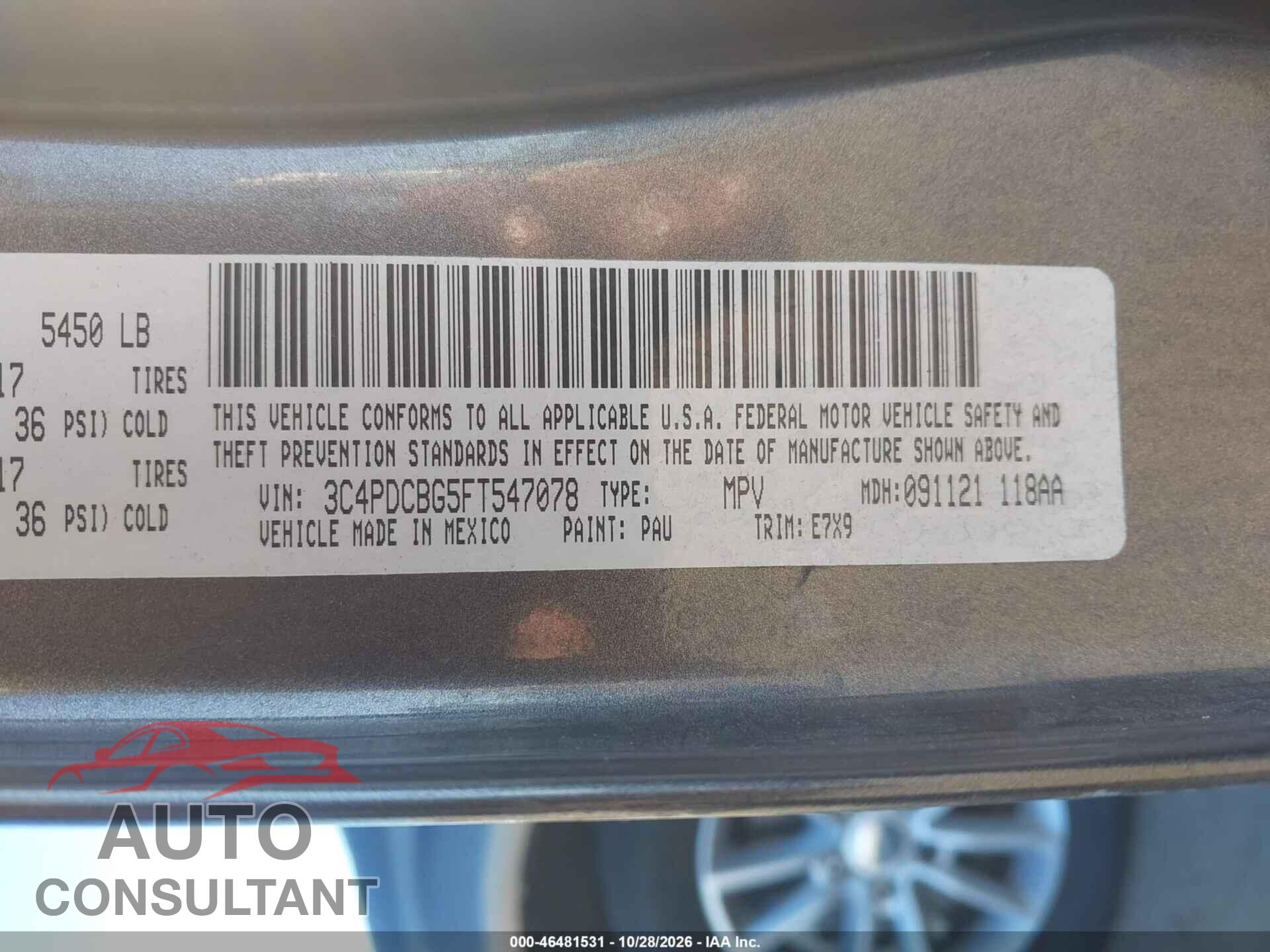 DODGE JOURNEY 2015 - 3C4PDCBG5FT547078