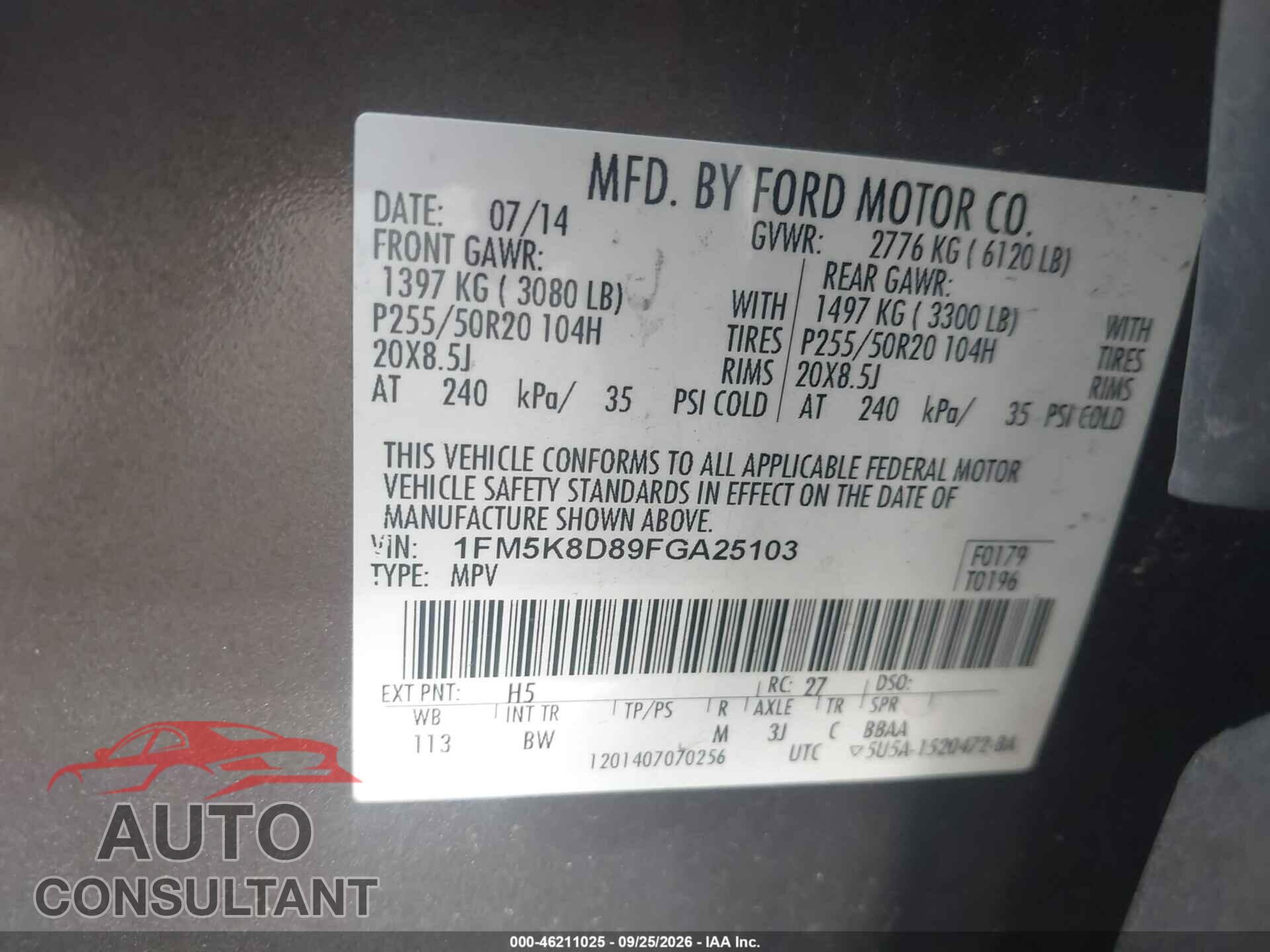FORD EXPLORER 2015 - 1FM5K8D89FGA25103