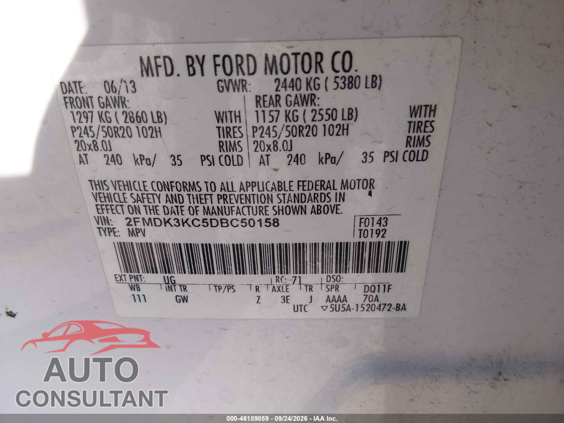 FORD EDGE 2013 - 2FMDK3KC5DBC50158