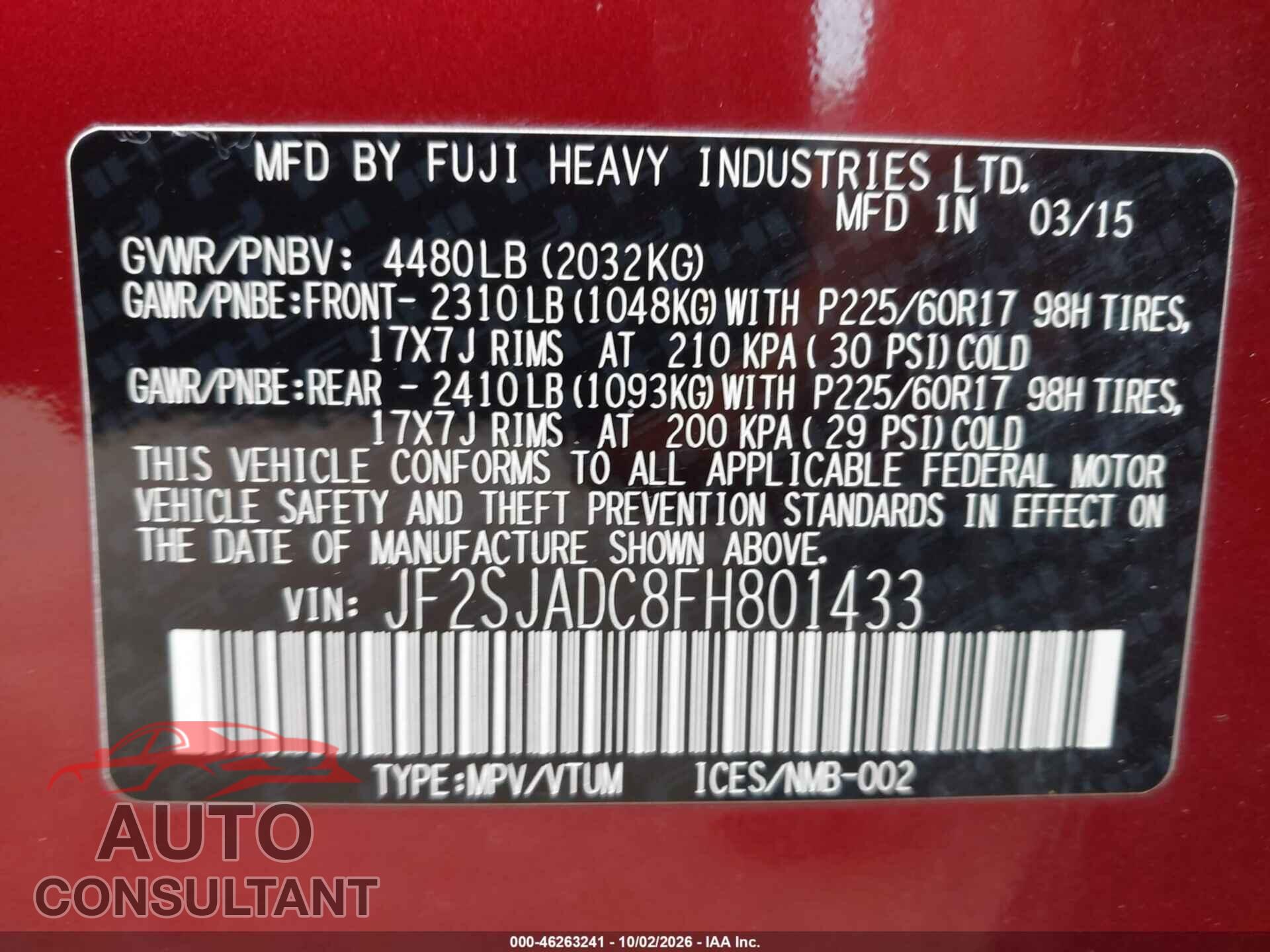 SUBARU FORESTER 2015 - JF2SJADC8FH801433